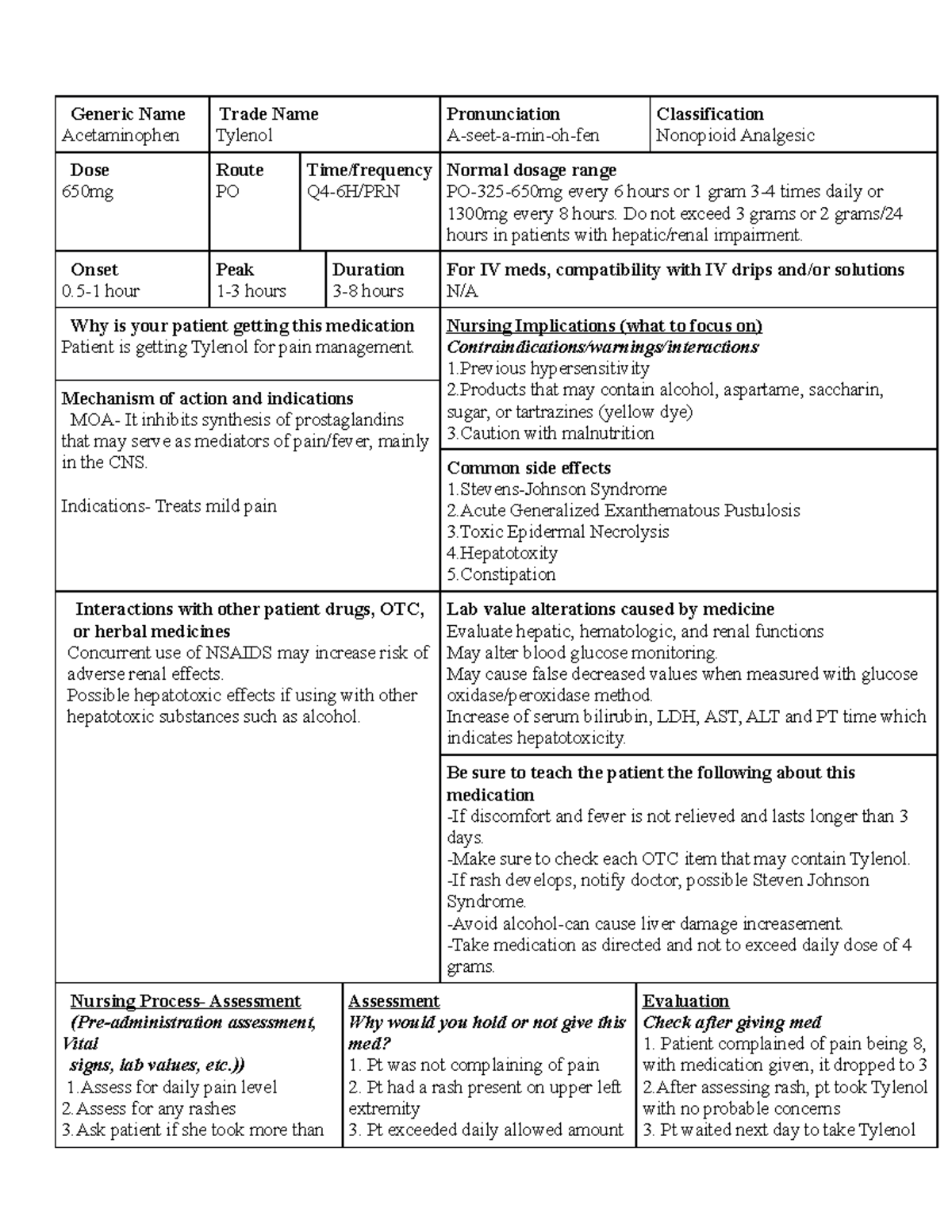 Acetaminophen 650mg Assignment Generic Name Acetaminophen Trade