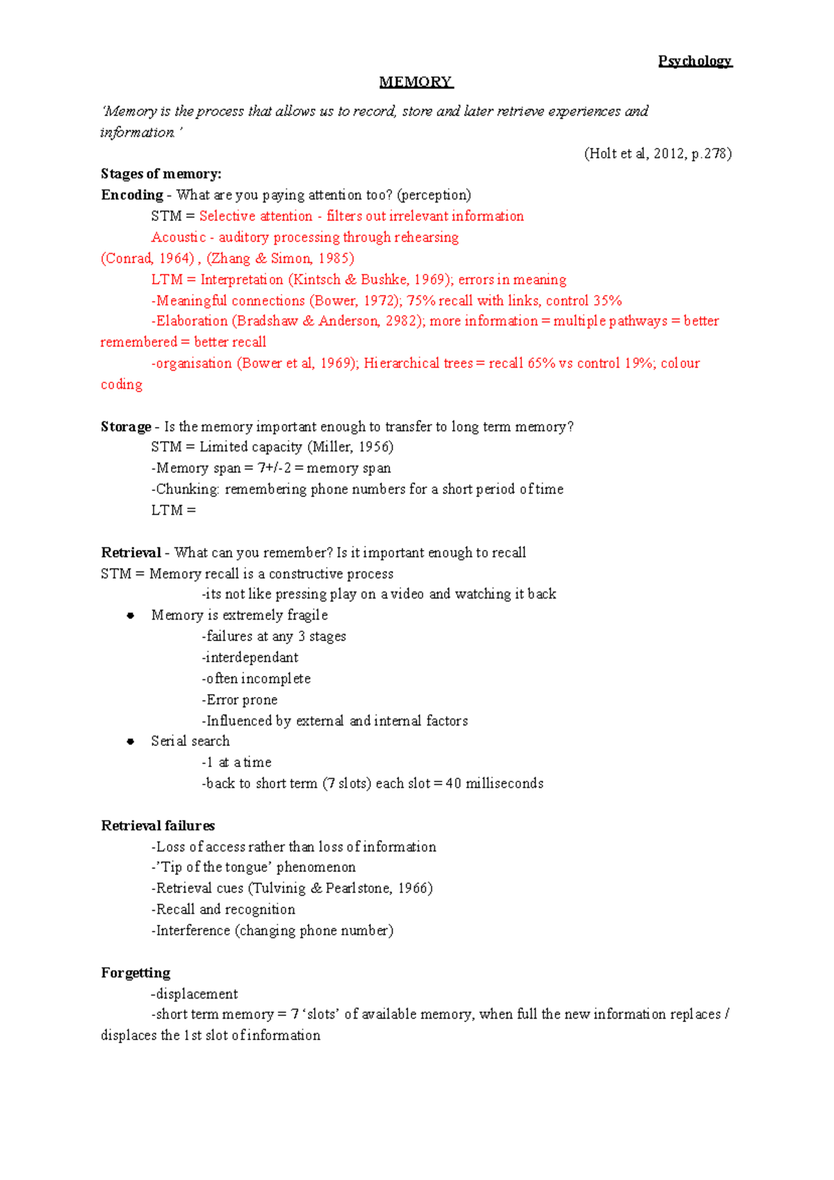 Memory - lecture notes - MEMORY ‘Memory is the process that allows us ...