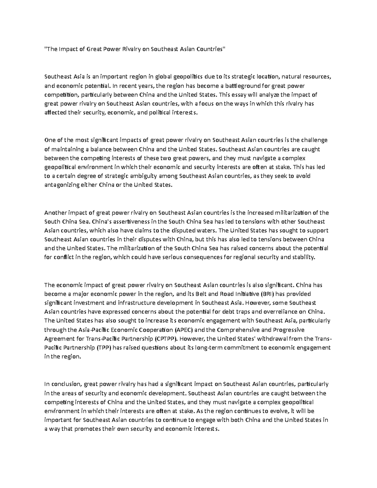 The Impact of Great Power Rivalry on Southeast Asian Countries - 