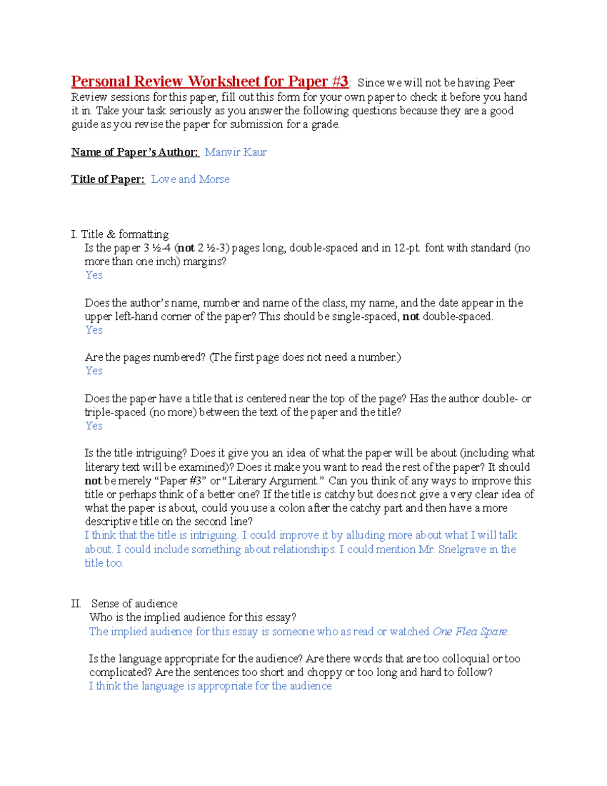 Personal Review Worksheet for Paper #3 - Take your task seriously as ...