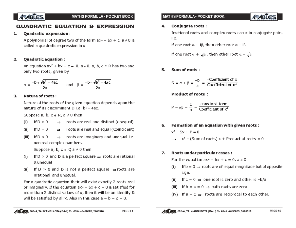 Maths Formula Pocket BOOK Maths Formula - QUADRATIC EQUATION ...