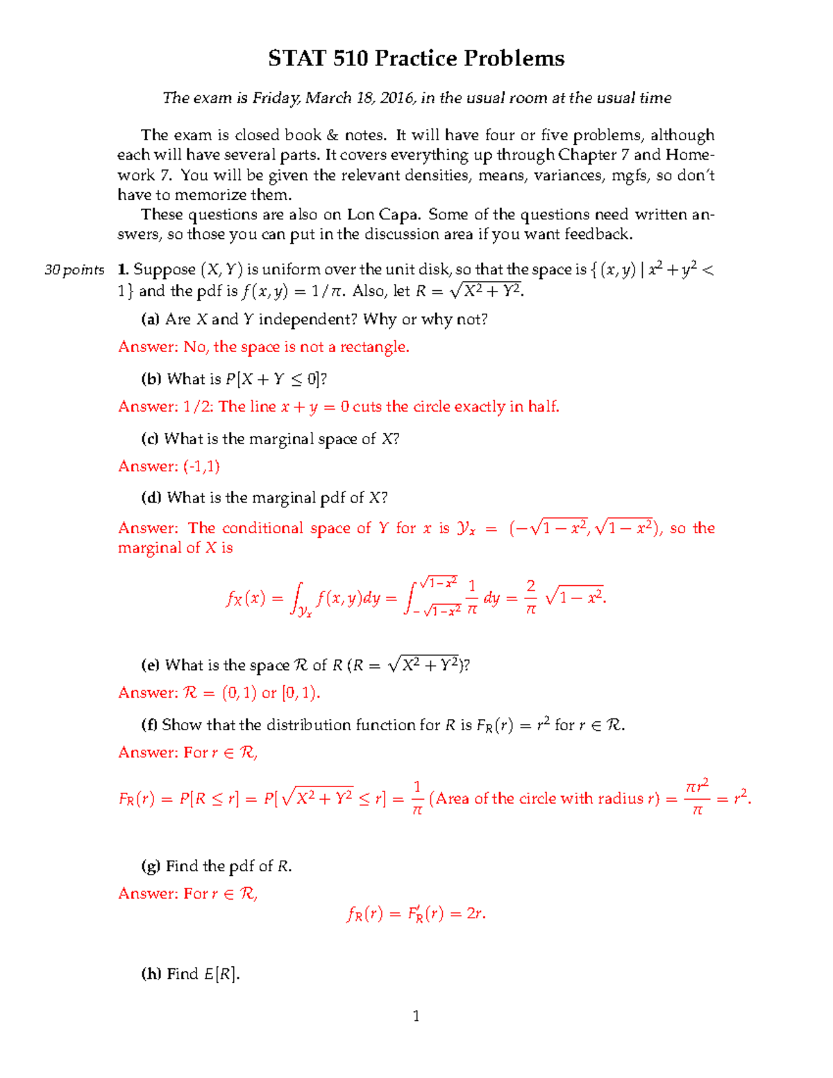 Midterm Practice - STAT 510 Practice Problems The exam is Friday, March ...