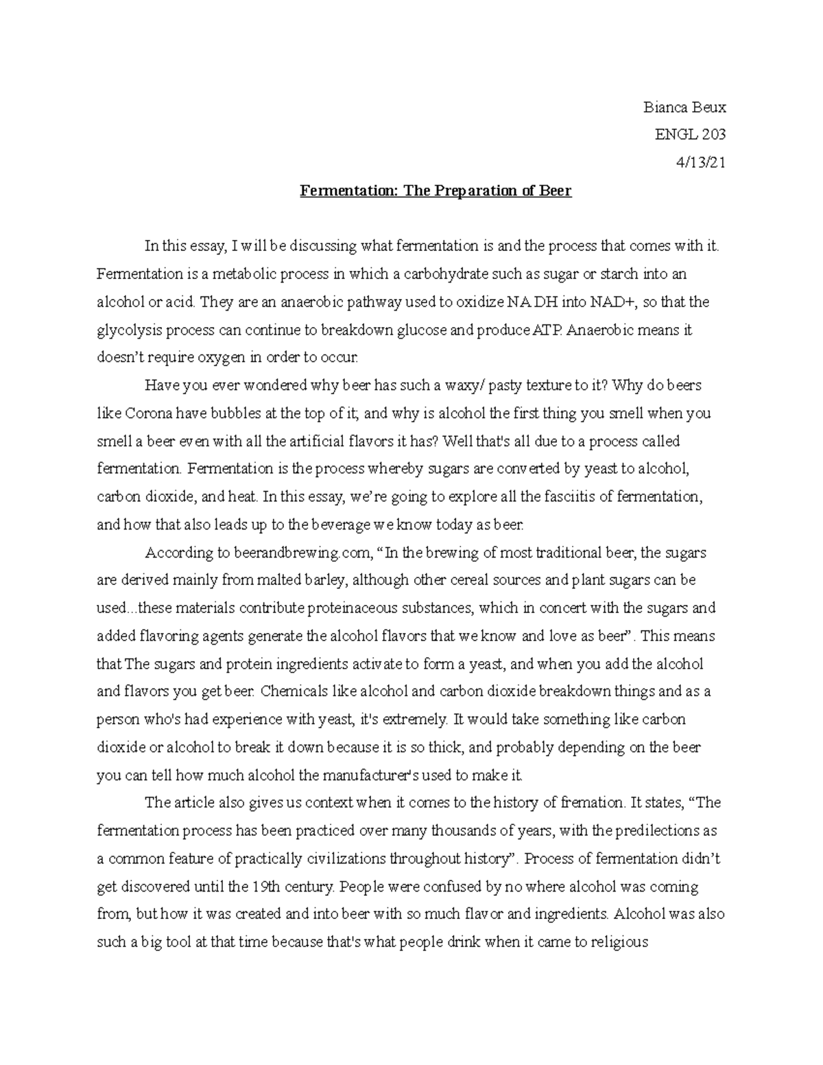 Fremation essay - Grade: B - Bianca Beux ENGL 203 4/13/ Fermentation ...