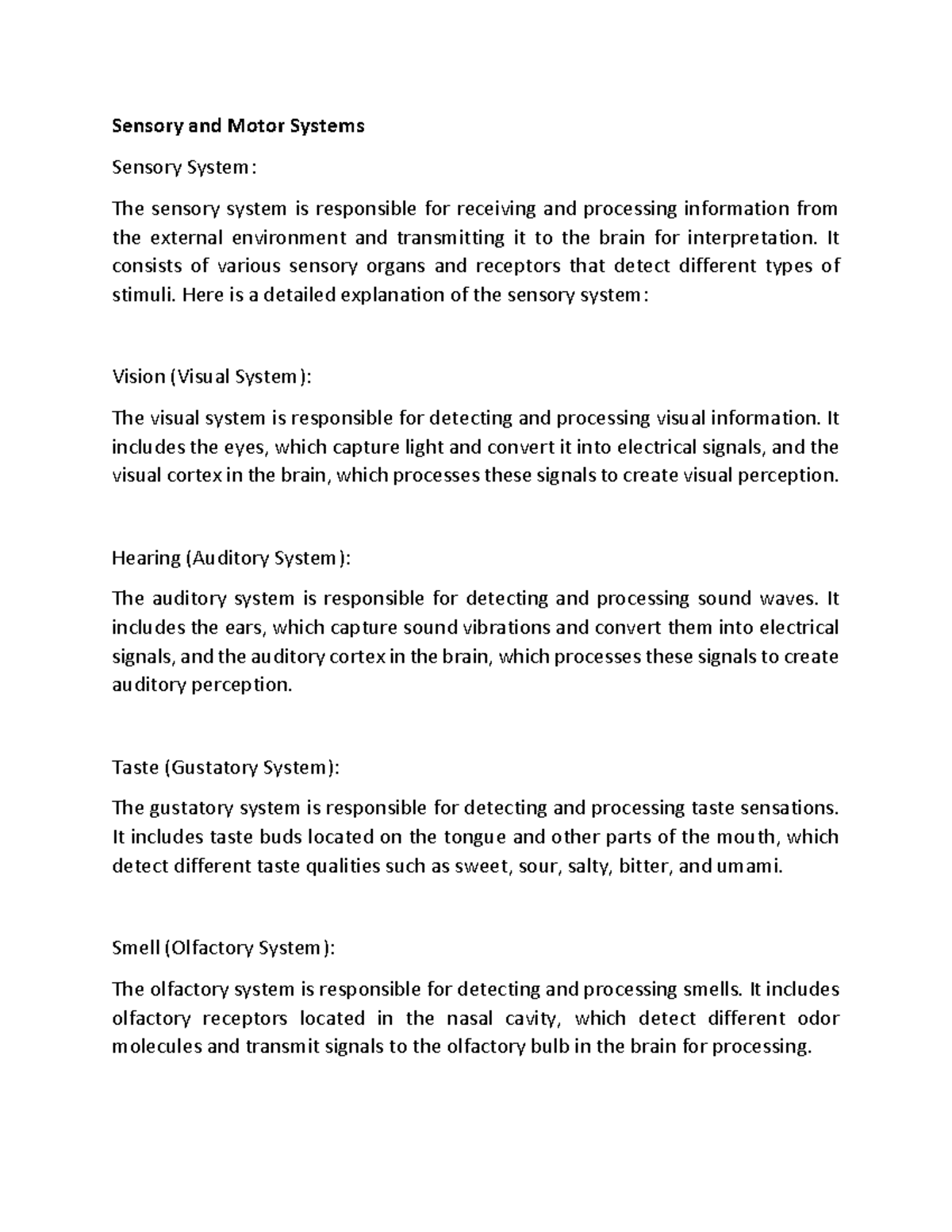 Sensory and Motor Systems Sensory and Motor Systems Sensory System