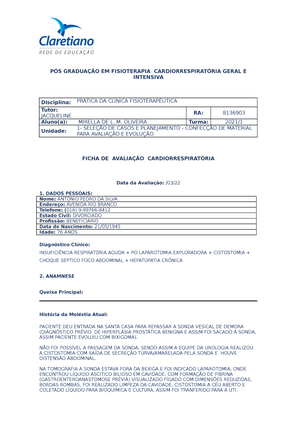 Ficha de avaliação Respiratoria - FICHA DE AVALIAÇÃO RESPIRATÓRIA 1. DADOS  PESSOAIS Nome: - Studocu