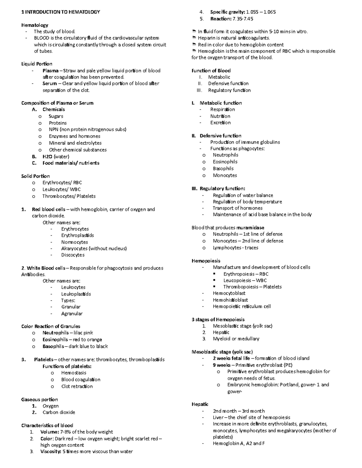 Hema Lec 1 - Lecture Notes 1 - 1 INTRODUCTION TO HEMATOLOGY Hematology ...