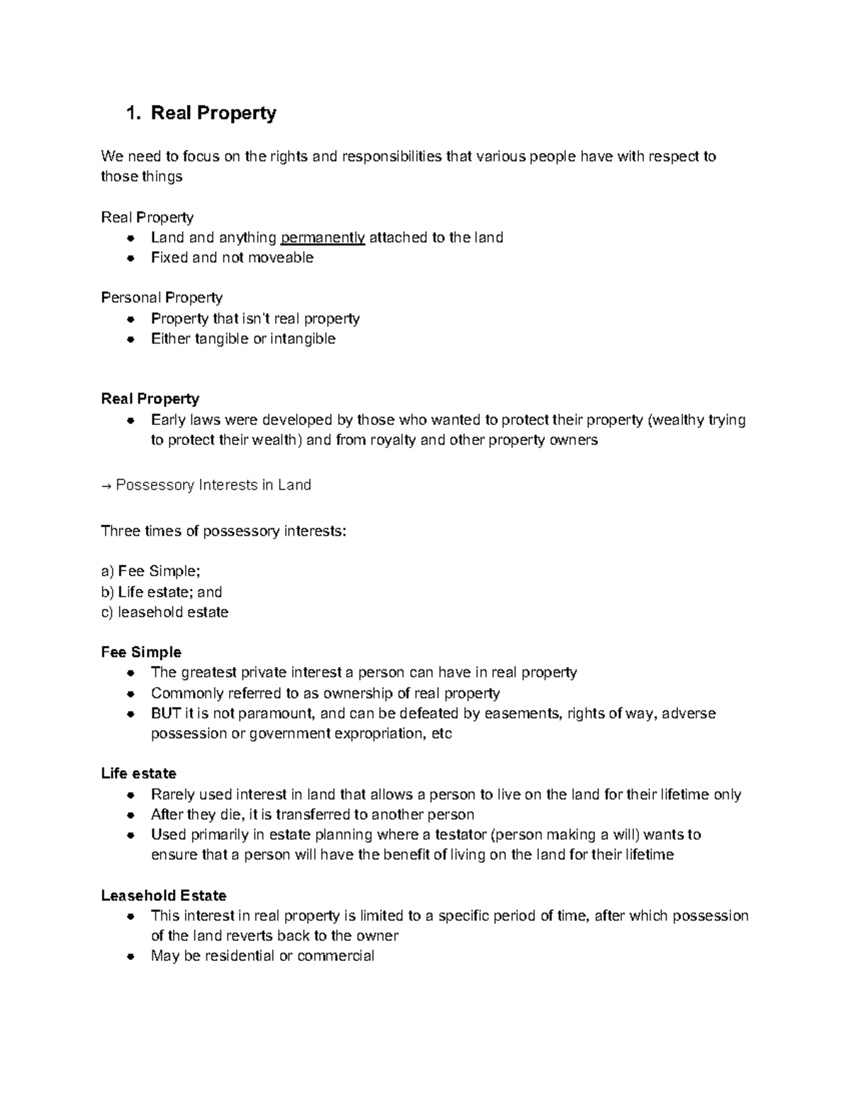 Property Law - law 2101 various profs - 1. Real Property We need to ...