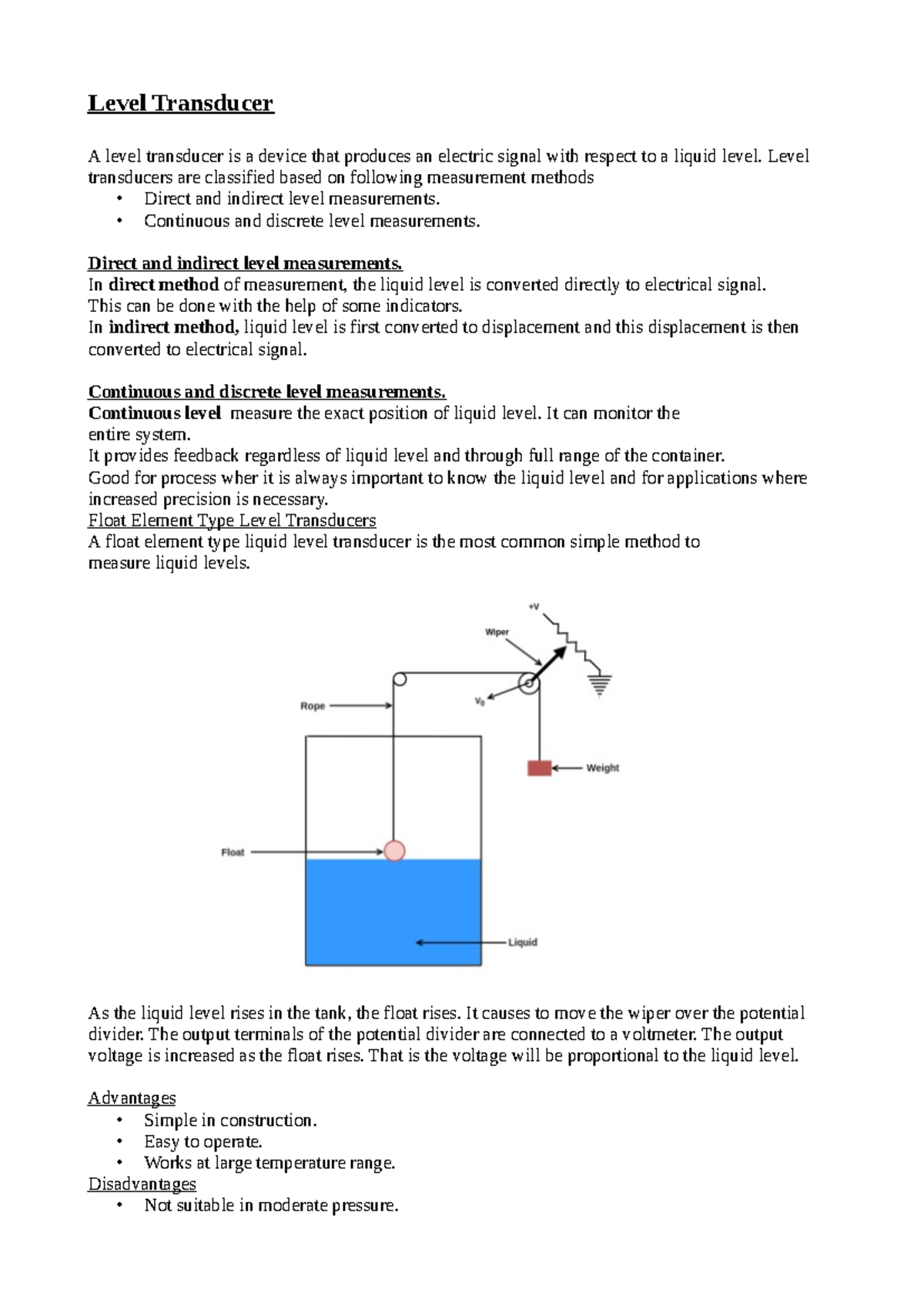 Unit 3 merged - Sensor - Level Transducer A level transducer is a ...