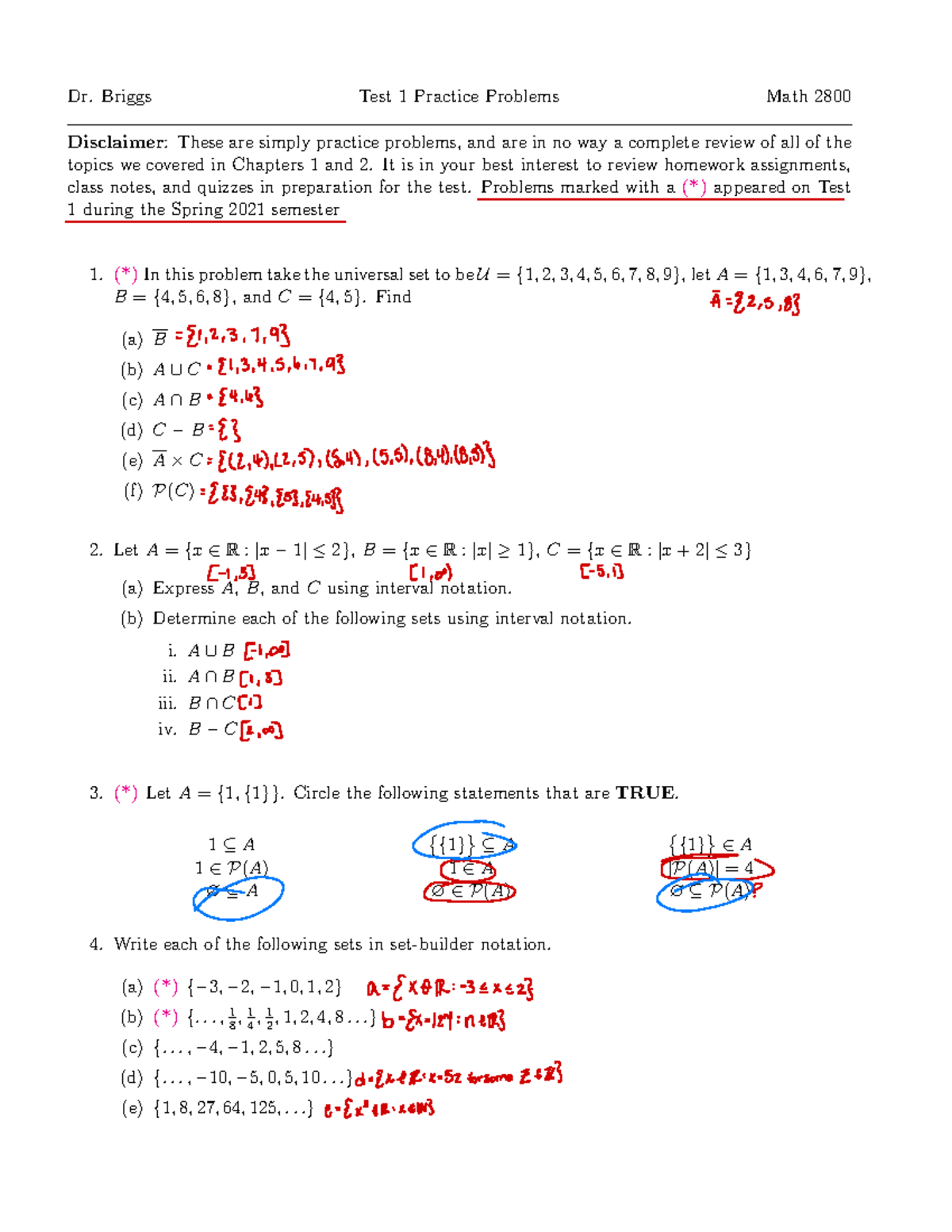 Test 1 Practice Problems - Dr. Briggs Test 1 Practice Problems Math ...