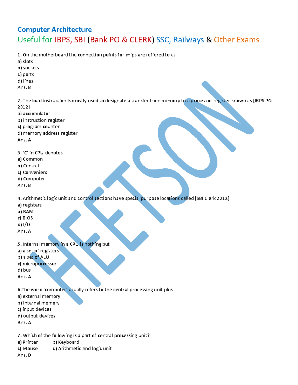 Computer Architecture MCQ - Computer Architecture Useful for IBPS, SBI ...