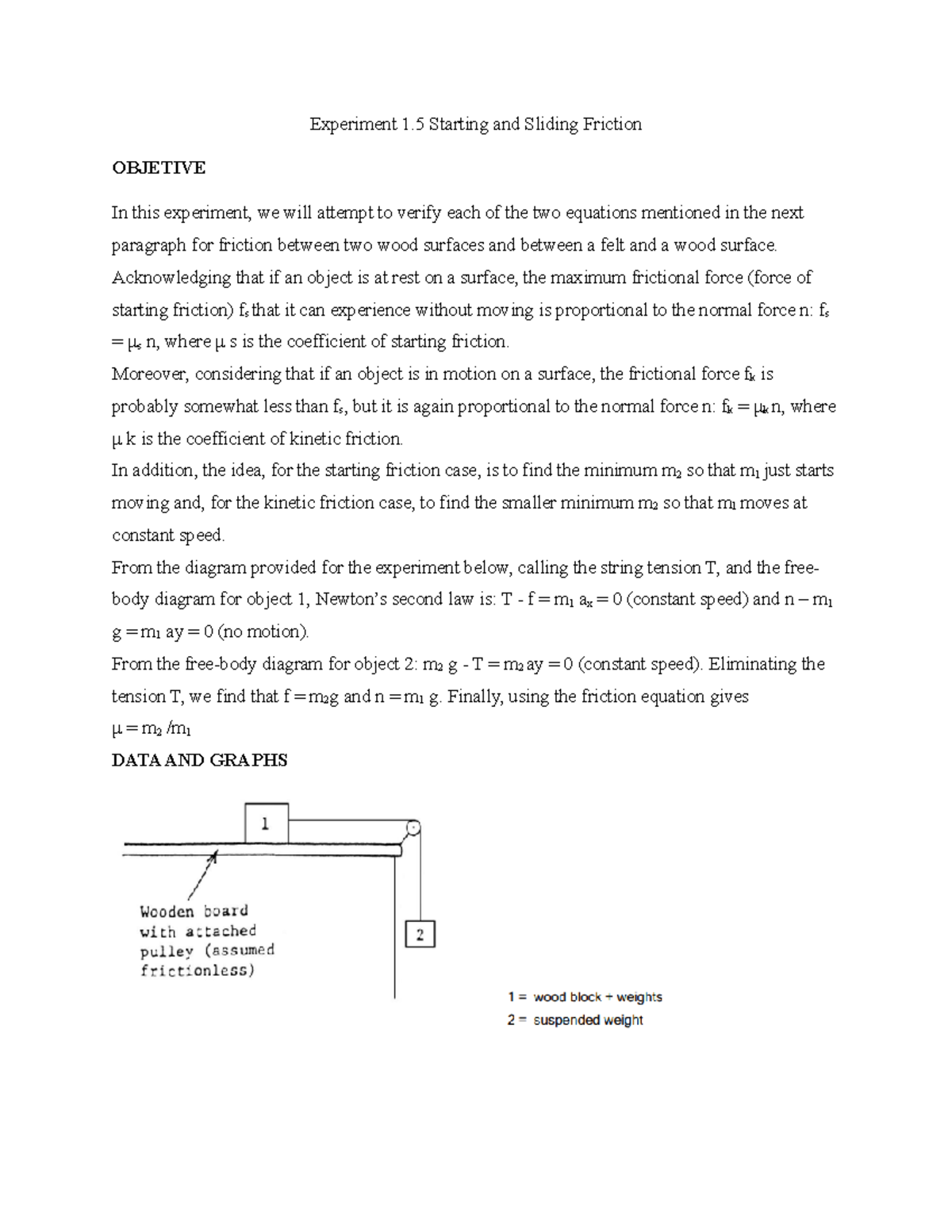 1.5 Starting and Sliding Friction Experiment 1 Starting and Sliding