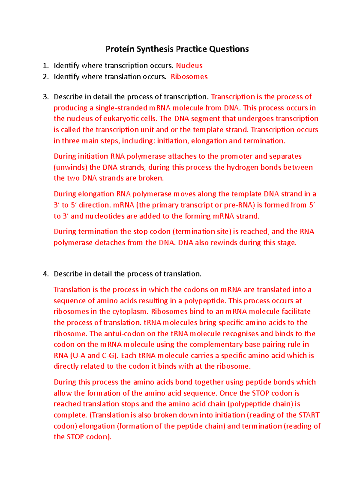 Copy of Protein Synthesis Practice Questions (updated) Protein