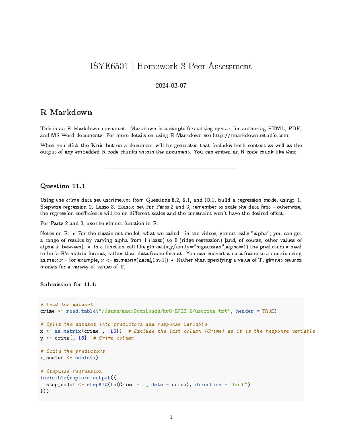 W8 Coursework - ISYE6501 | Homework 8 Peer Assessment 2024-03- R ...