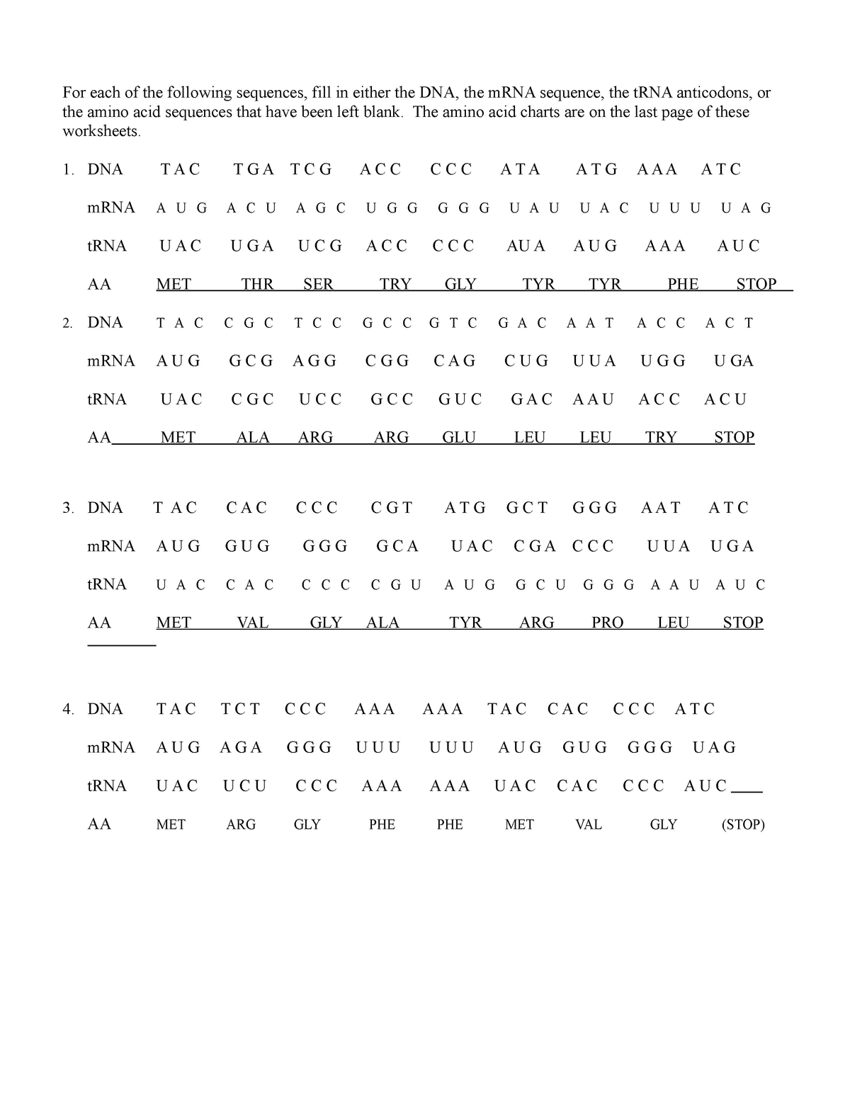 Transcription and Translation Practice - For each of the following In Transcription And Translation Worksheet Answers
