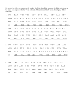 Transcription and Translation Practice - For each of the following  sequences, fill in either the - Studocu