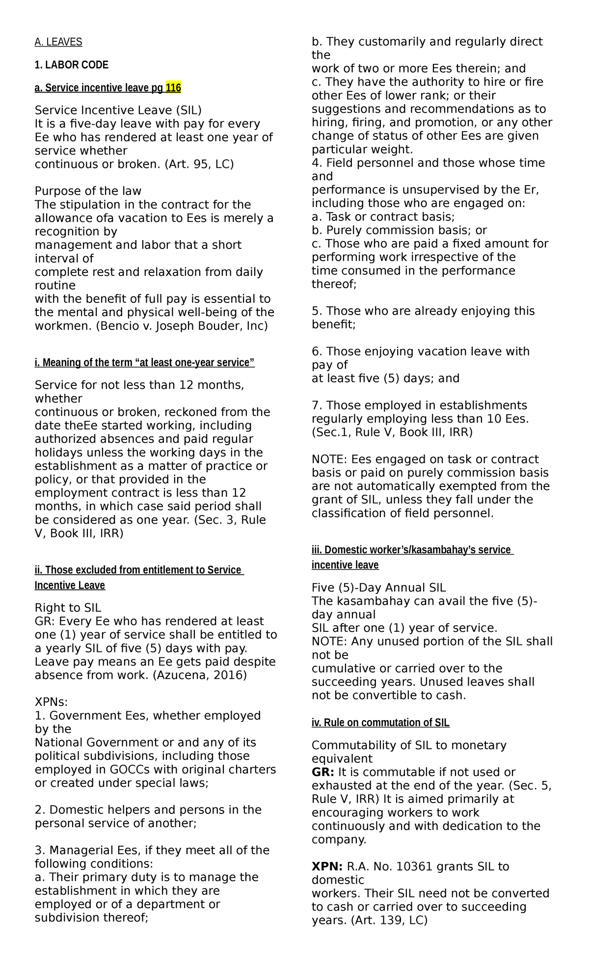 Labor Topics 2024 - A. LEAVES 1. LABOR CODE a. Service incentive leave ...