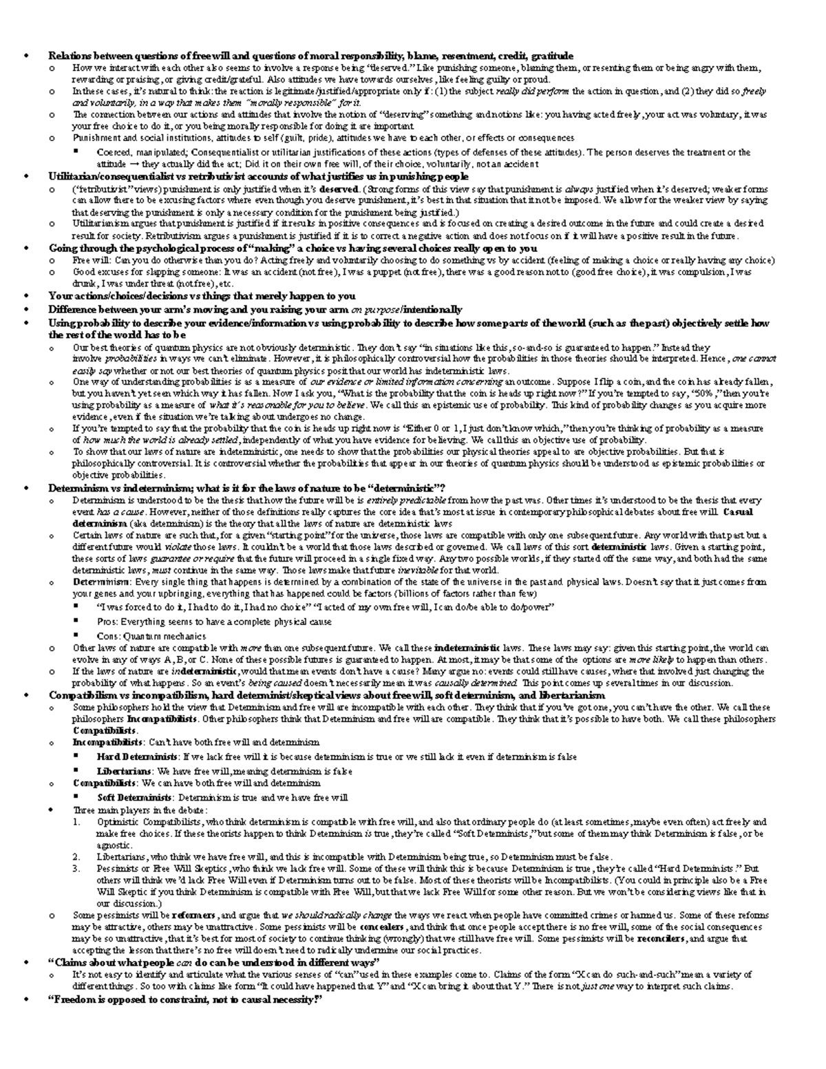 Phil 101 cheat sheet - Relations between questions of free will and ...