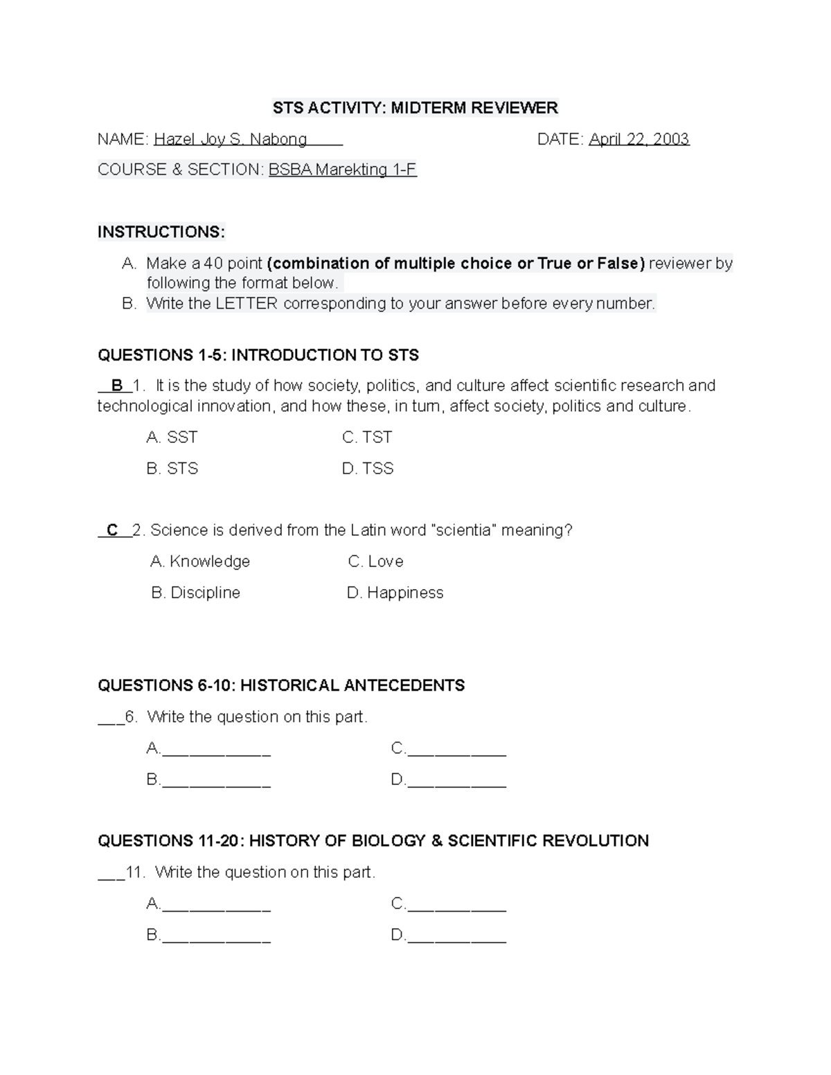 Nabong, Hazel Joy - STS Activity; Midterm Reviewer - STS ACTIVITY ...