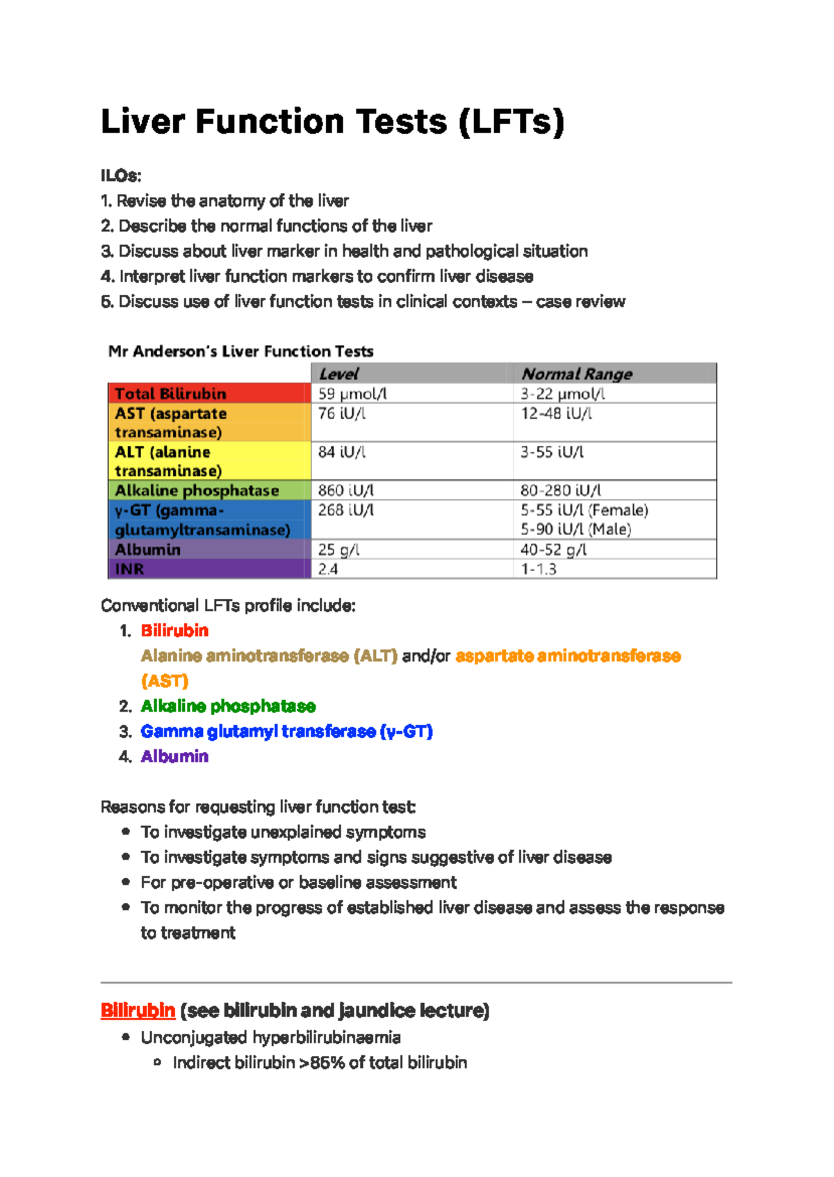 Liver Function Tests (LFTs) L i ve r F u n c t i o n Te s ts ( L F Ts