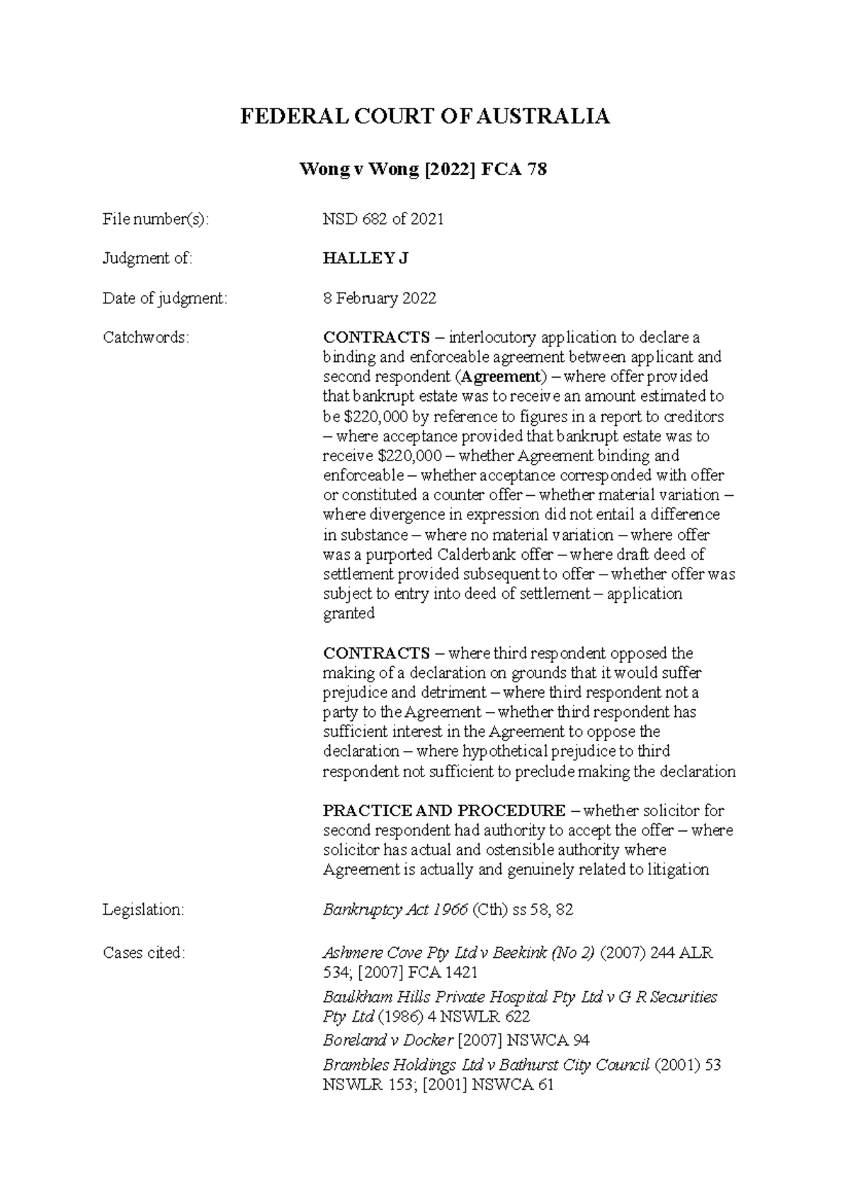 2022FCA0078 Extra Helpful notes FEDERAL COURT OF AUSTRALIA Wong v