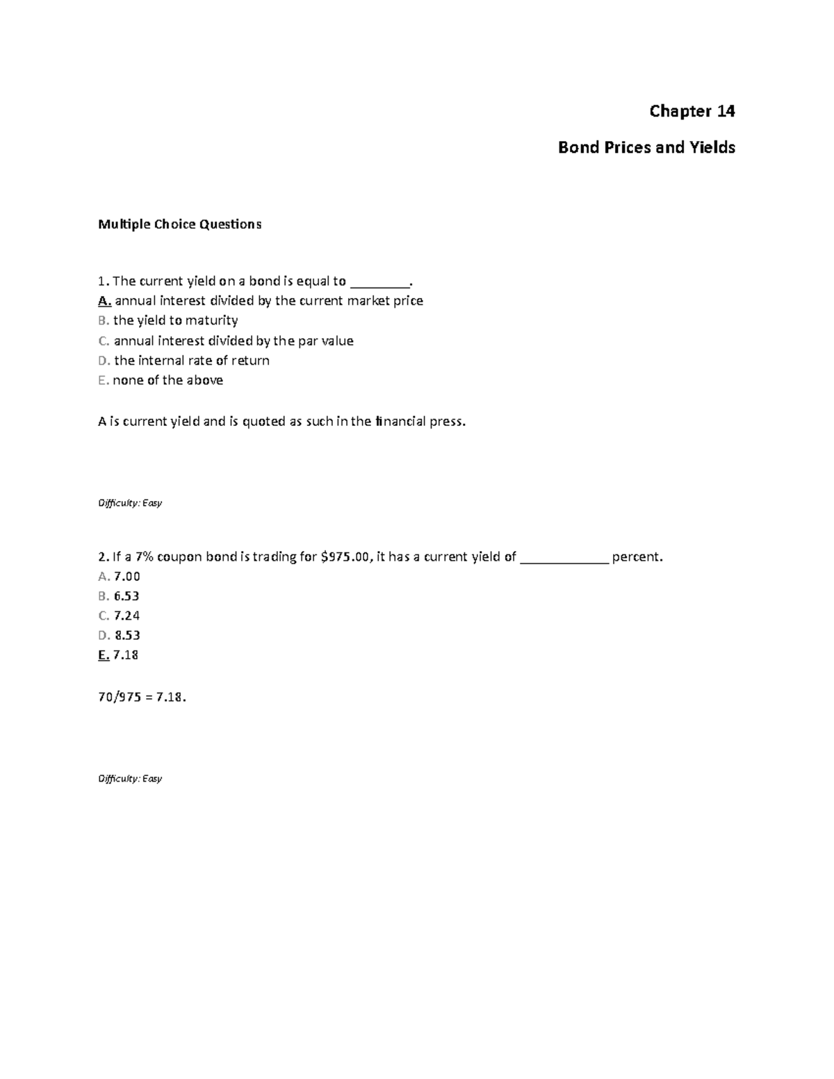 Test Bank Chapter 14 Investment Bodie - Chapter 14 Bond Prices And ...