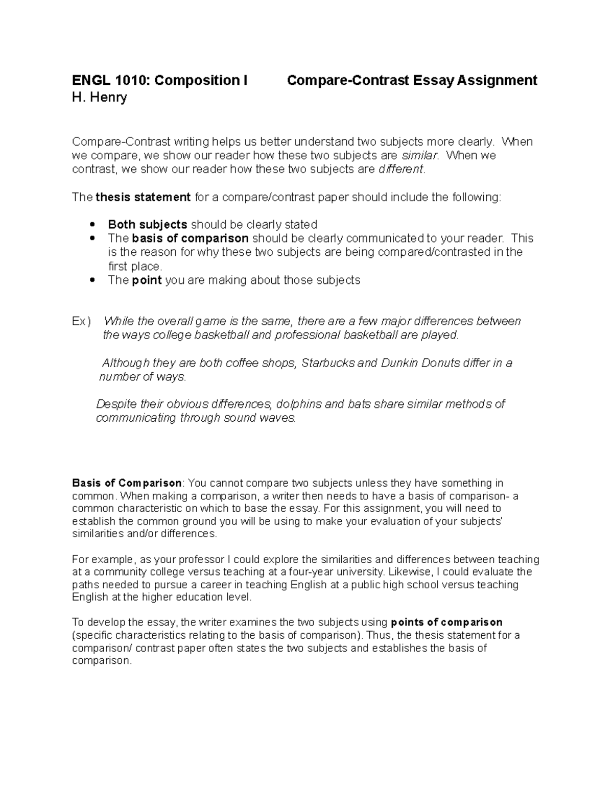 compare and contrast essay thesis examples