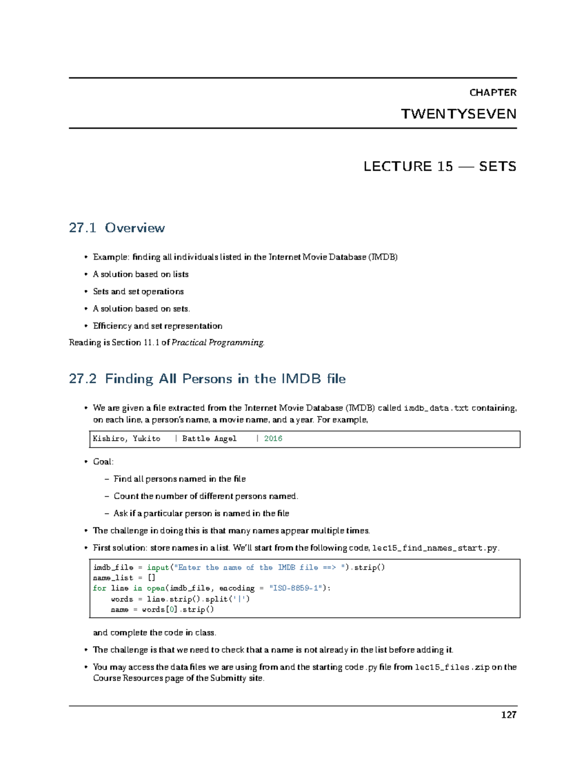 Computer Science Lecture 23 - CHAPTER TWENTYSEVEN LECTURE 15 — SETS 27 ...