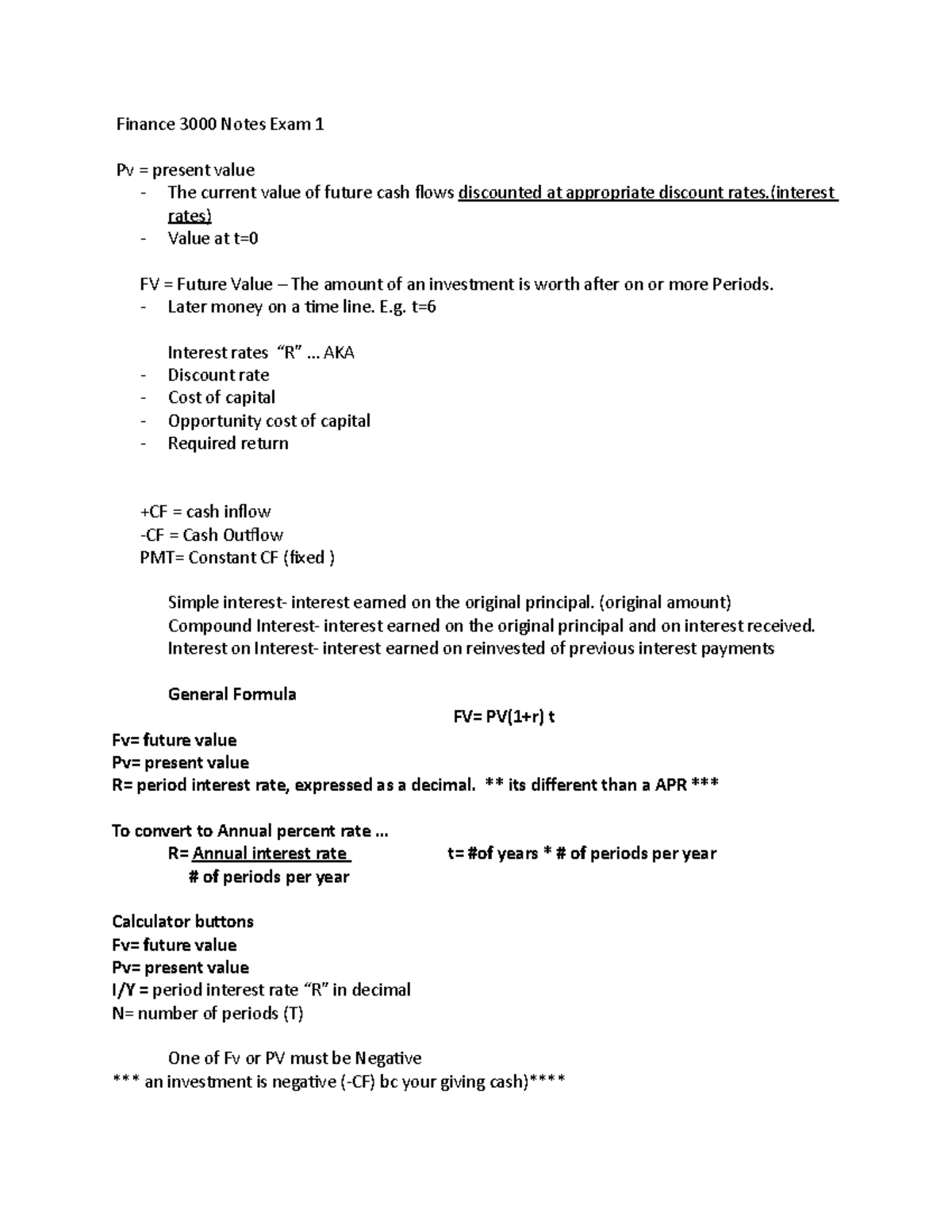 Finance 3000 Notes Exam 1 - Finance 3000 Notes Exam 1 Pv = Present ...