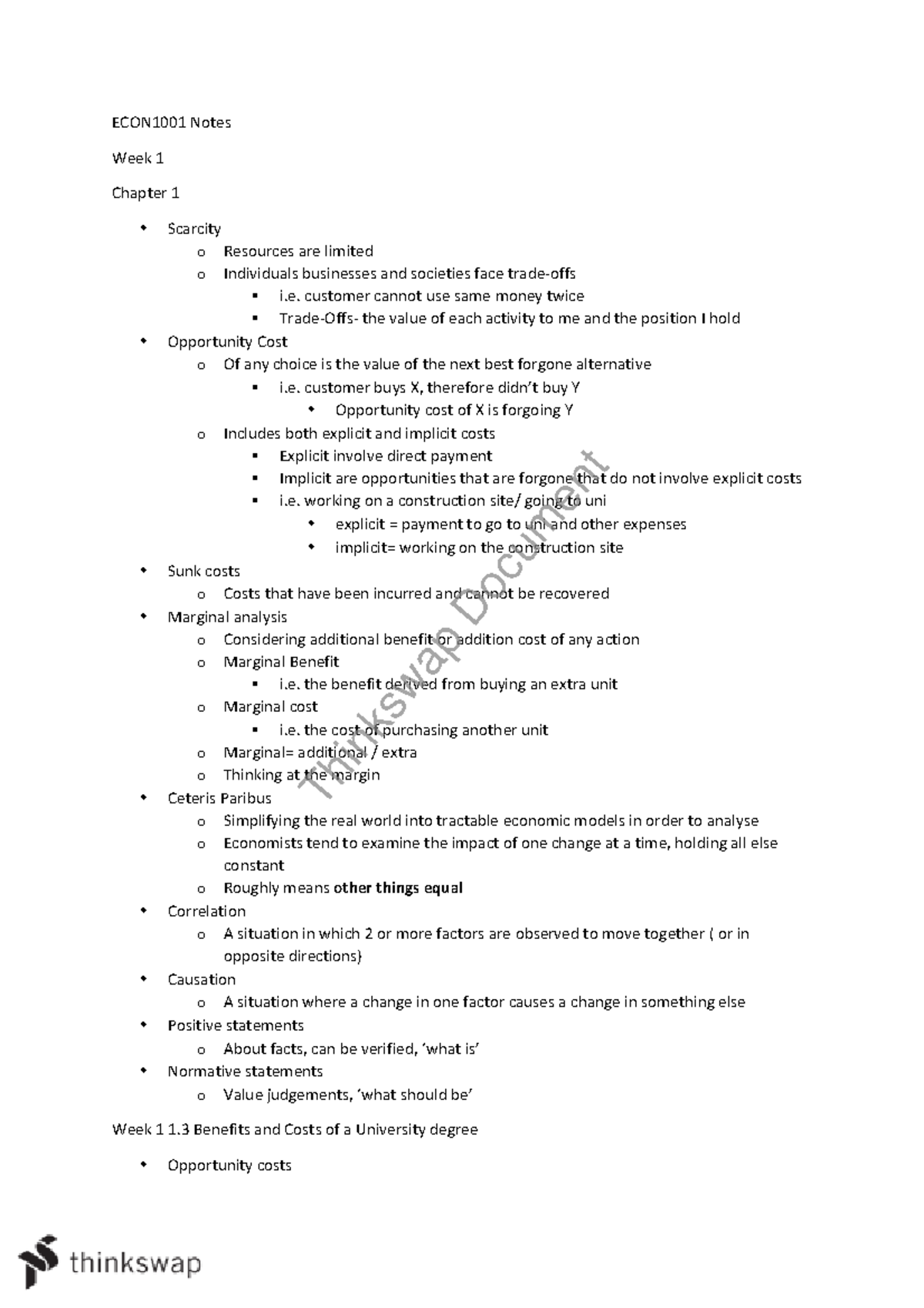 ECON1001 Notes - Introductory Microeconomics - ECON1001 Notes Week 1 ...