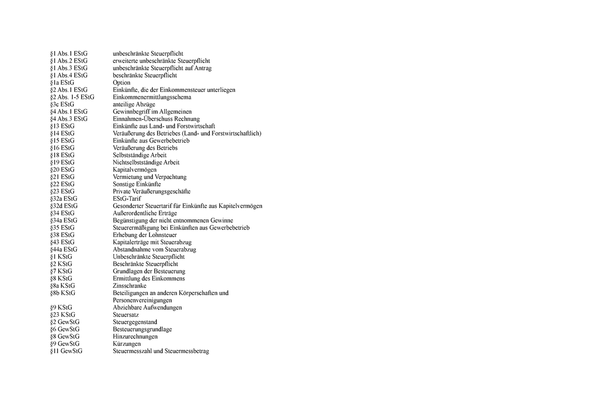 Paragraphenliste - Zusammenfassung Recht - §1 Abs EStG Unbeschränkte ...