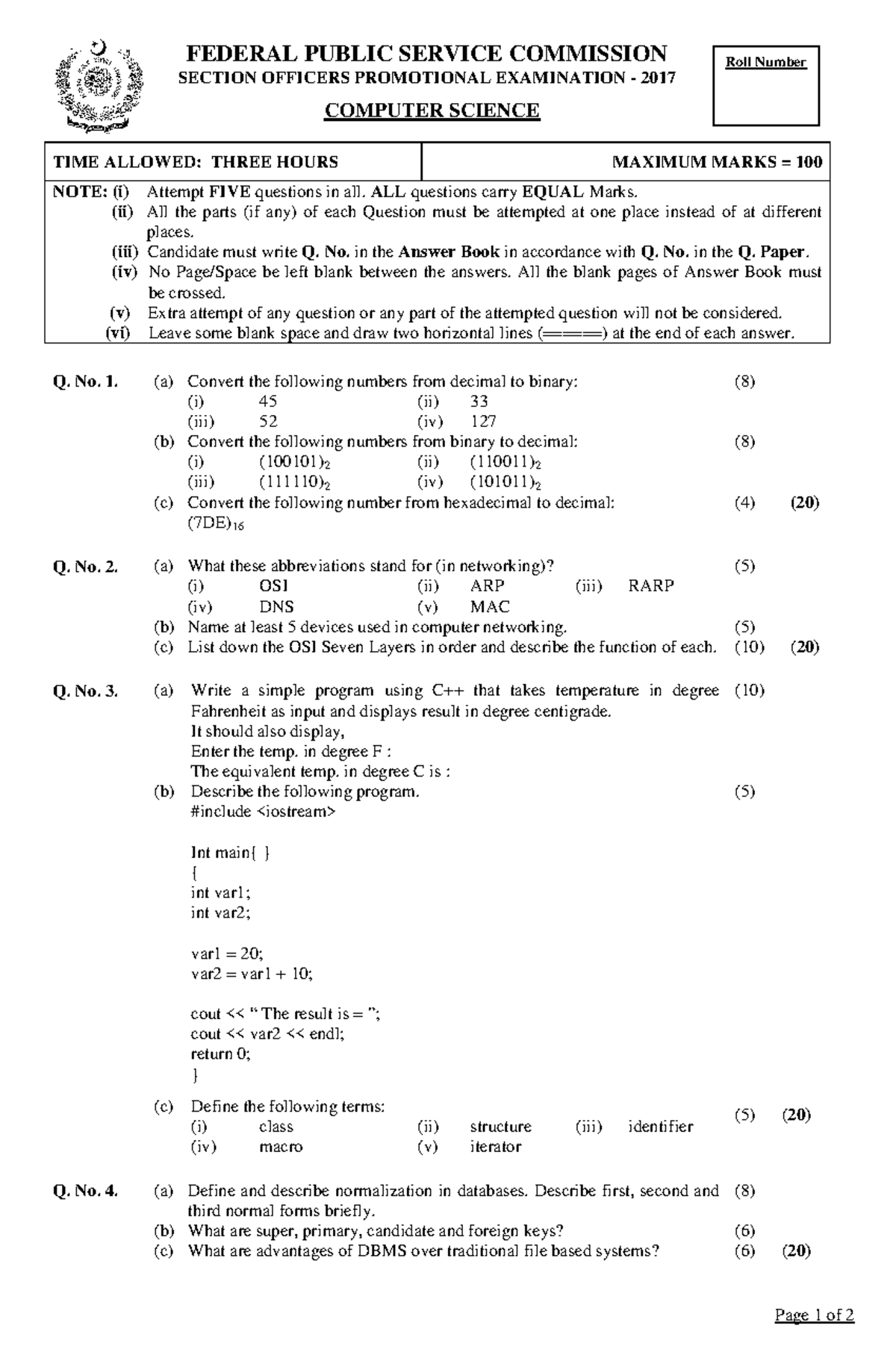 Computer Science - TIME ALLOWED: THREE HOURS MAXIMUM MARKS = 100 NOTE ...