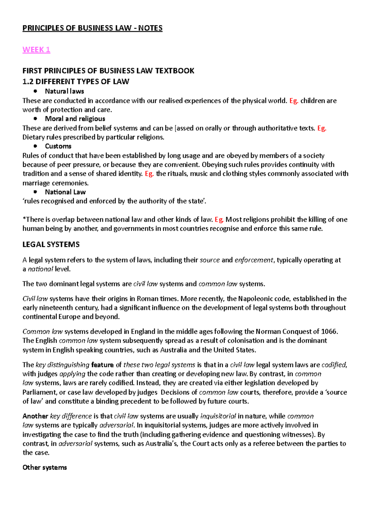Blaw notes - PRINCIPLES OF BUSINESS LAW - NOTES WEEK 1 FIRST PRINCIPLES ...