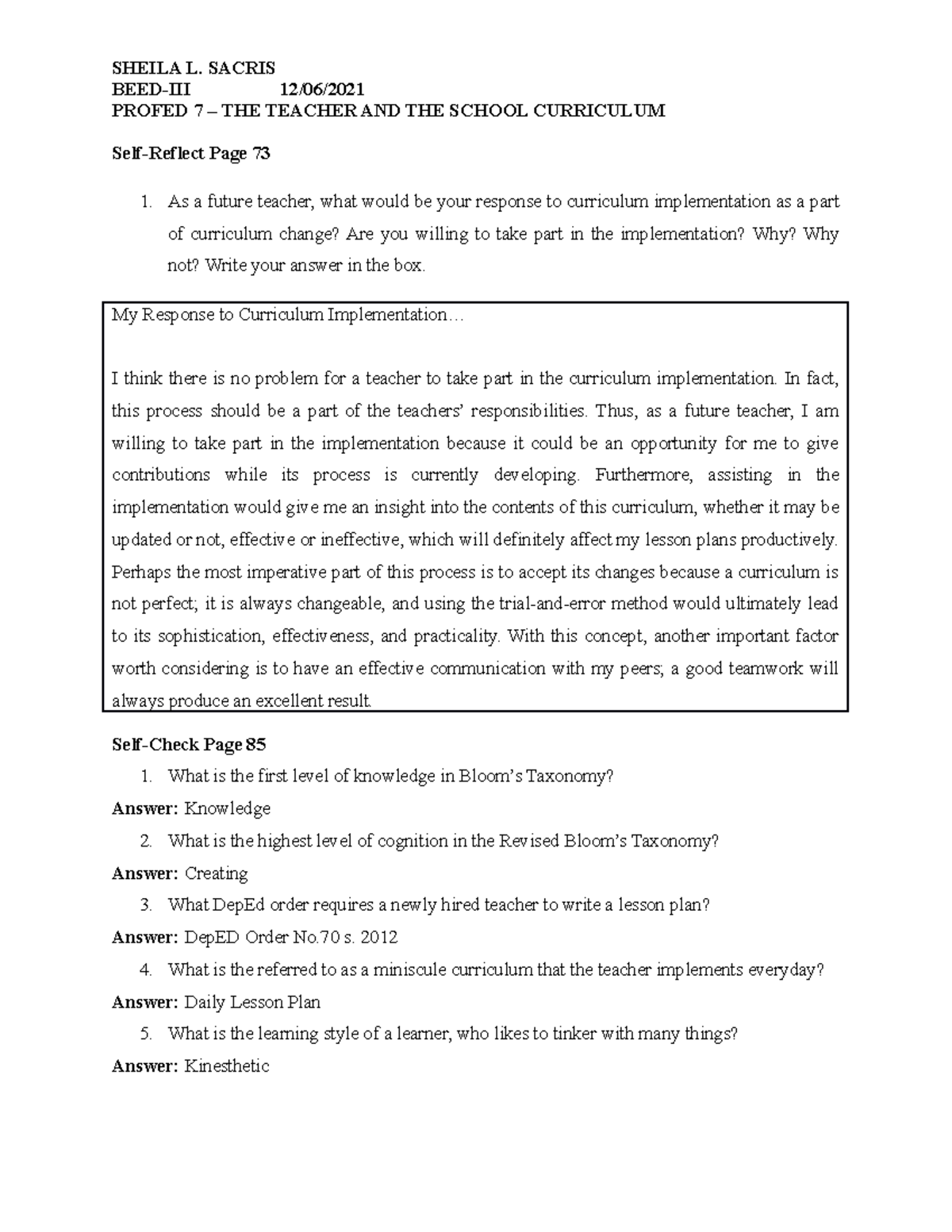 notes for the teacher and the curriculum - SHEILA L. SACRIS BEED-III 12 ...