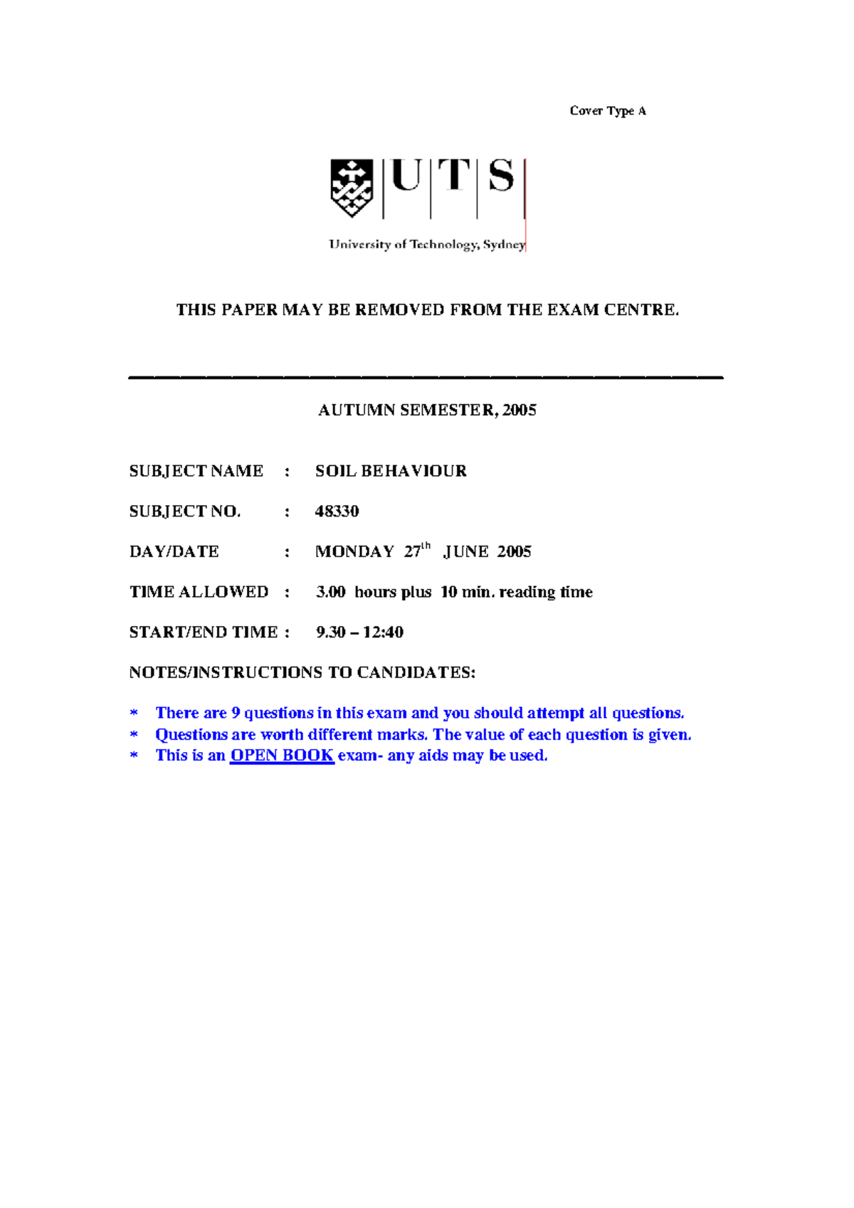 Exam Autumn 2010, questions - Cover Type A THIS PAPER MAY BE REMOVED ...