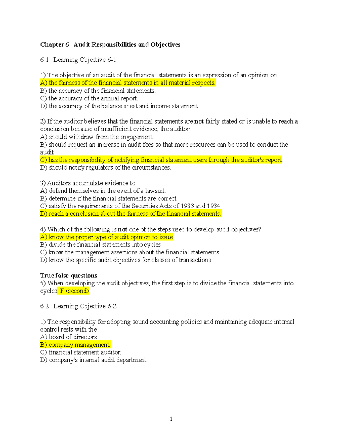 Chapter 06 Questions Bank And Key - Chapter 6 Audit Responsibilities ...