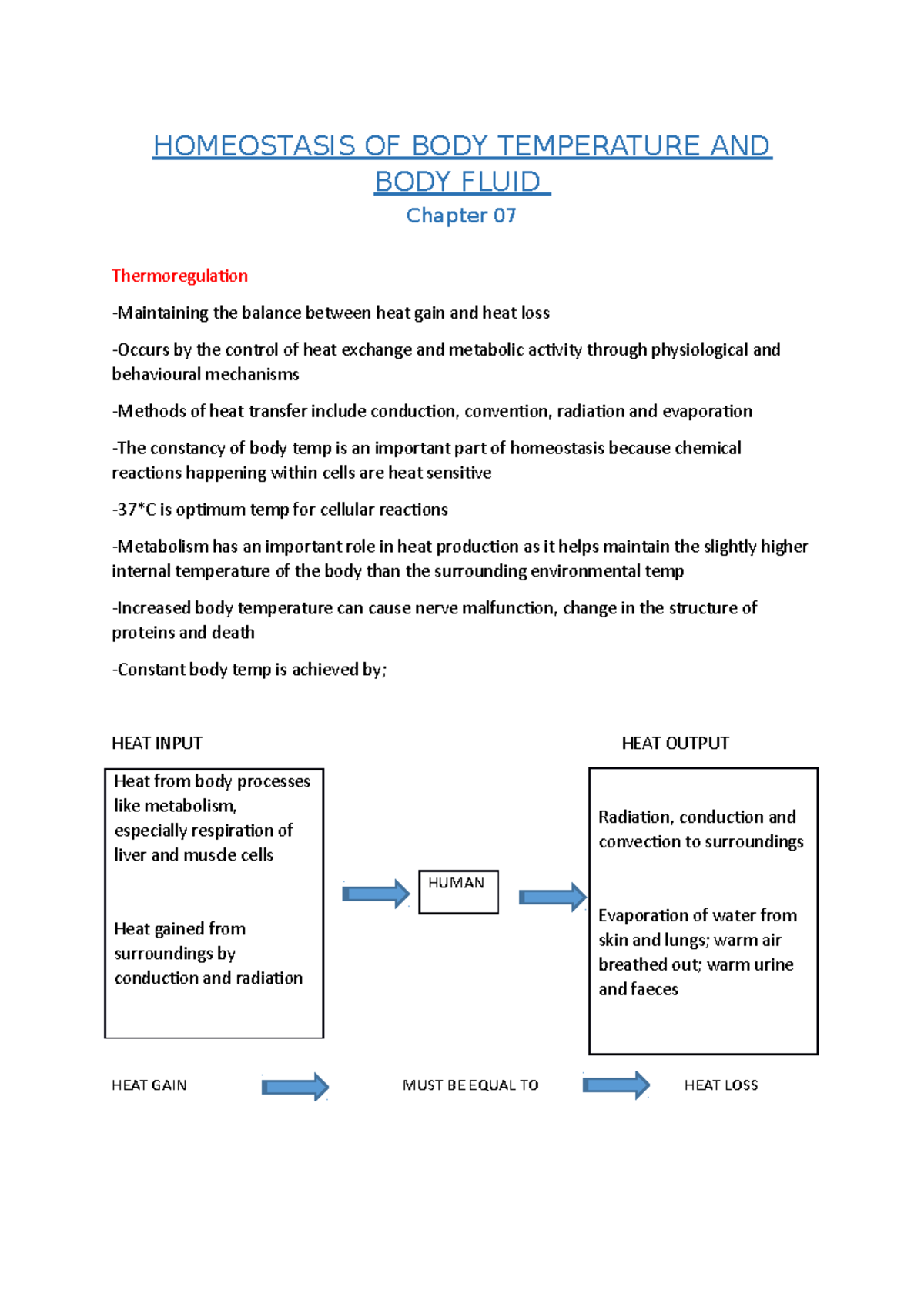 CH 07 Homeostasis OF BODY Temperature AND BODY Fluid HOMEOSTASIS OF