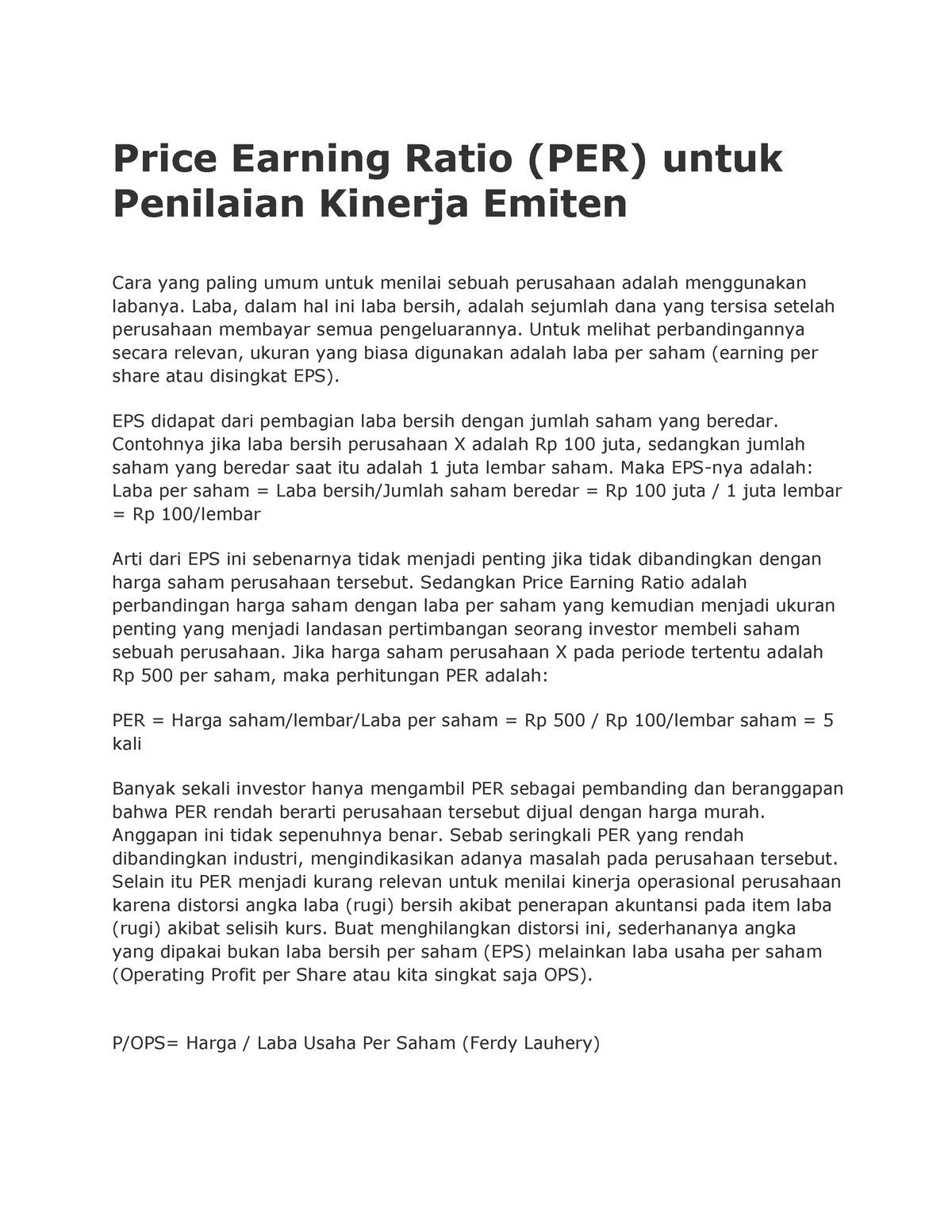 Price Earning Ratio (PER) Untuk Penilaian Kinerja Emiten - Laba, Dalam ...