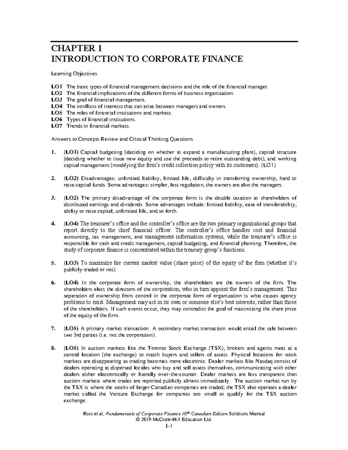 Chapter 1 - notes - Ross et al, Fundamentals of Corporate Finance 10th ...