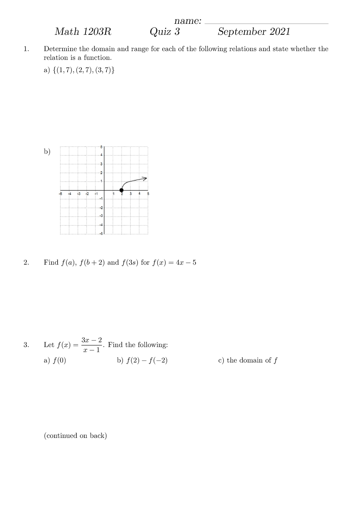 Q3 - college algebra quiz and answers - Math 1203R Quiz 3 September ...