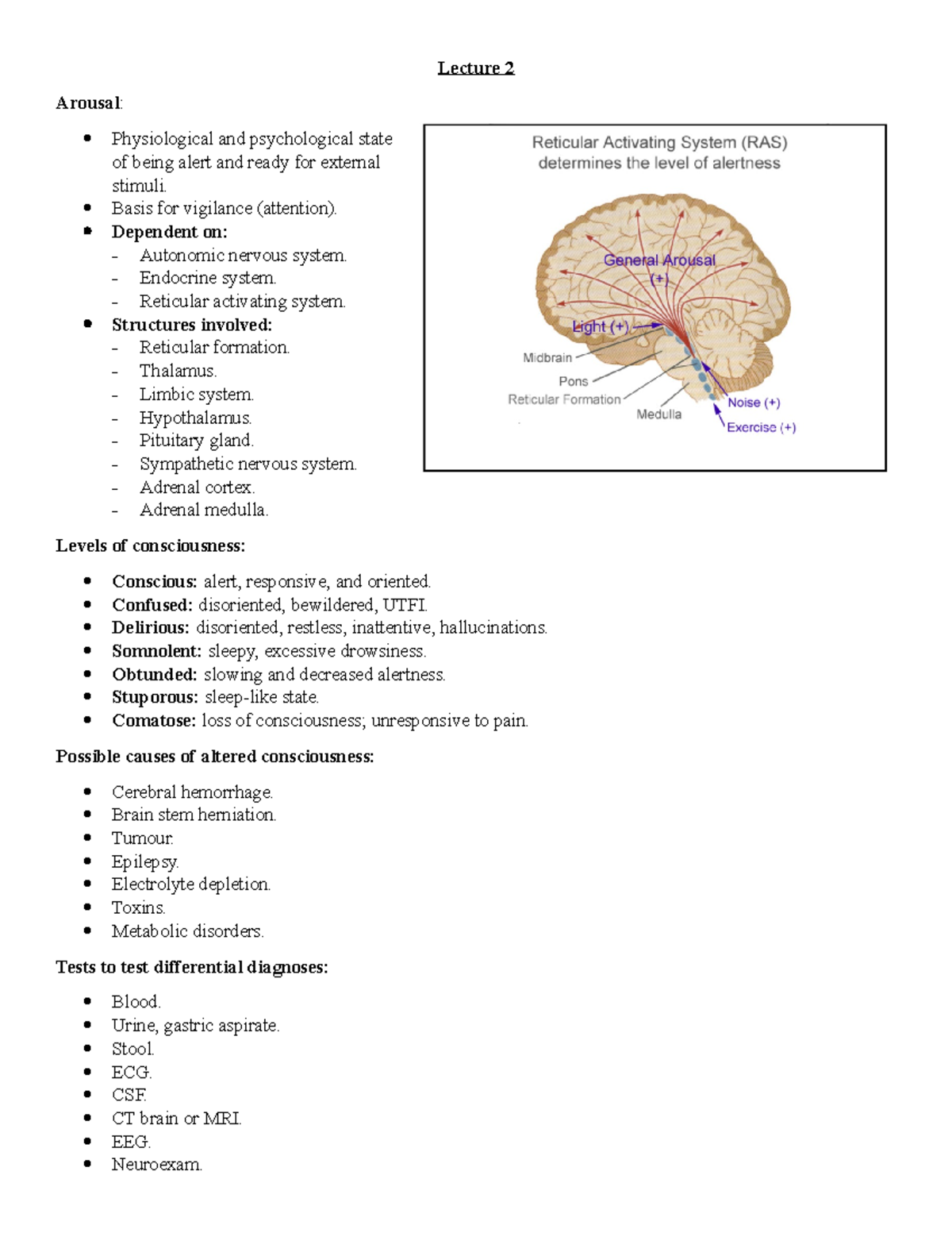 Lecture 2 Notes - Lecture 2 Arousal: Physiological and psychological ...