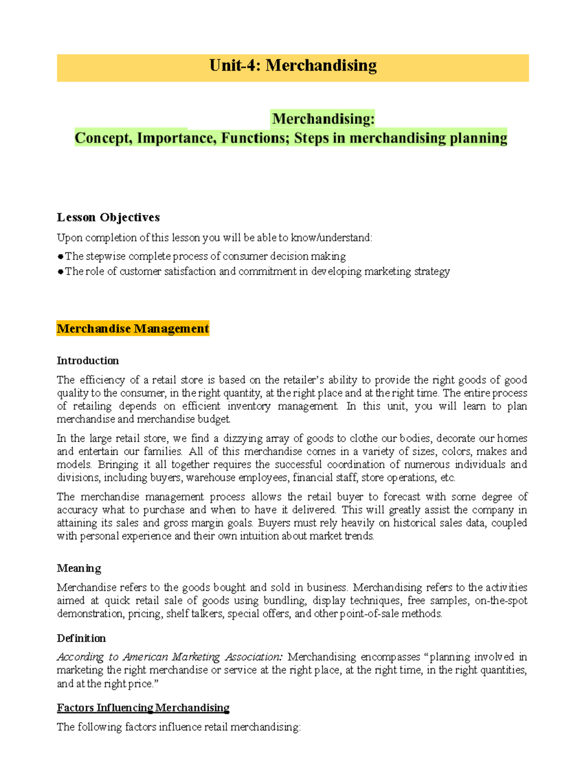 Process of Merchandising RMModule 4 Unit4 Merchandising Lesson