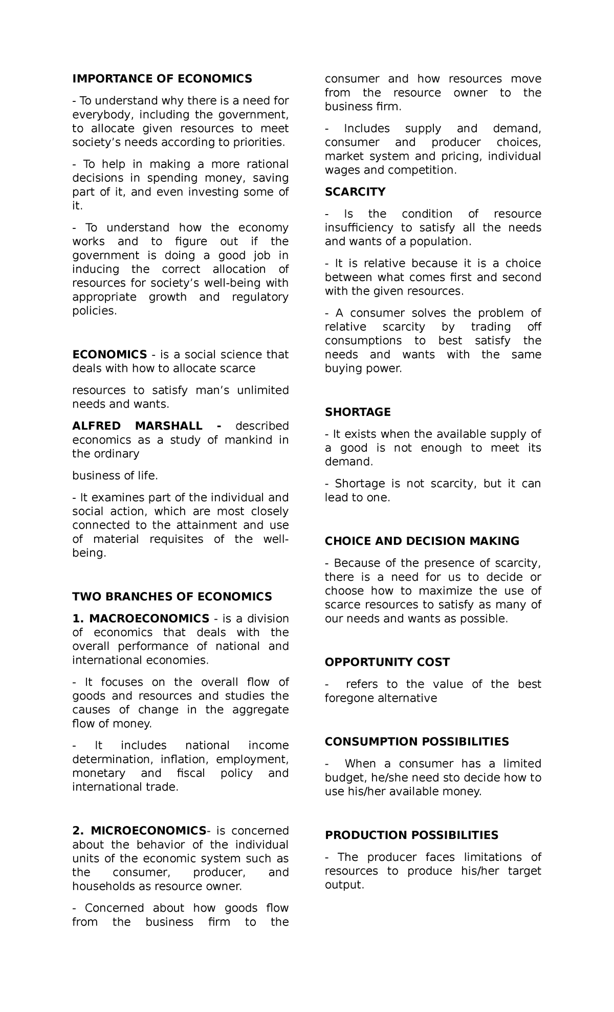 Chapter 1 - reviewer - IMPORTANCE OF ECONOMICS To understand why there ...