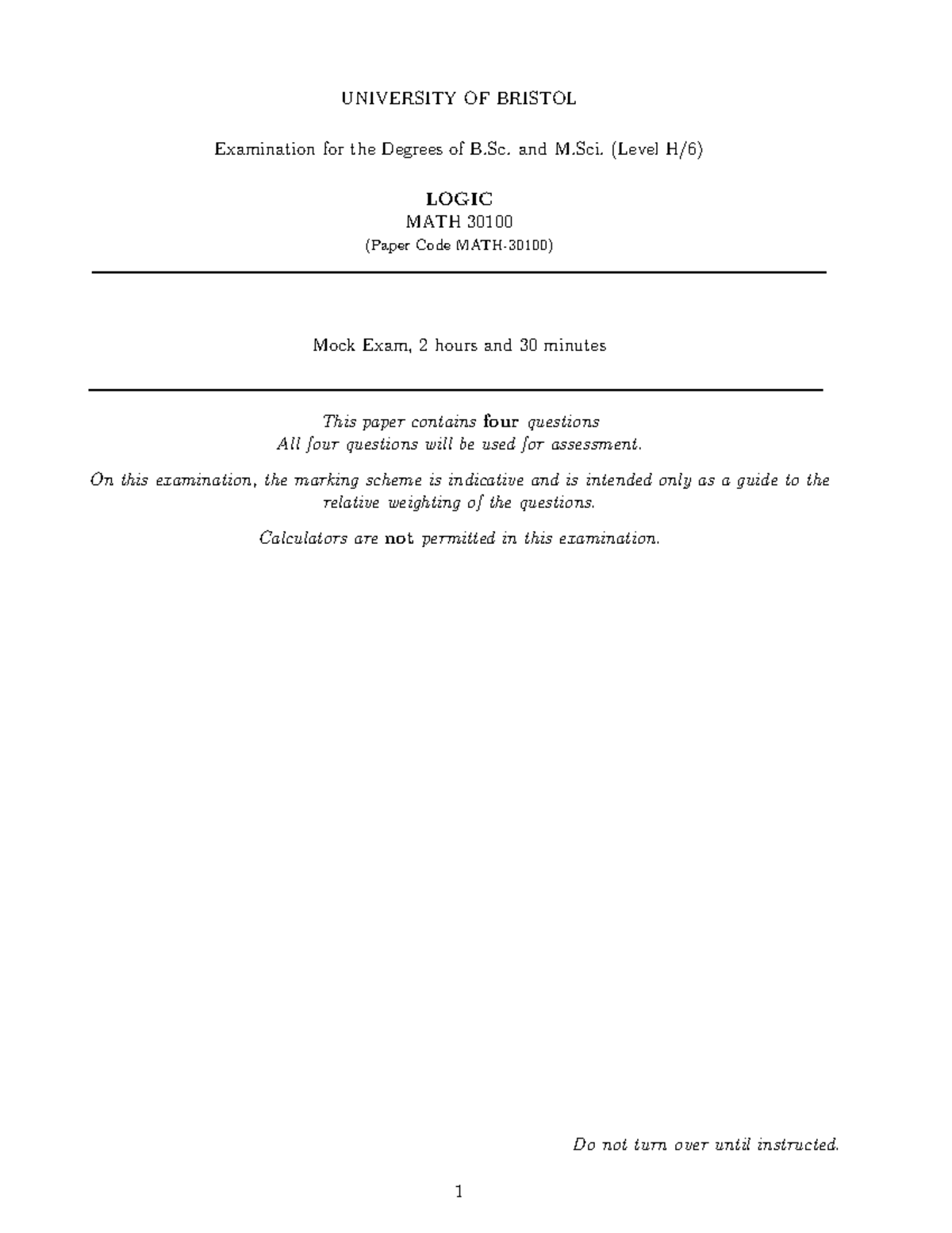 Sample/practice exam UNIVERSITY OF BRISTOL Examination for the