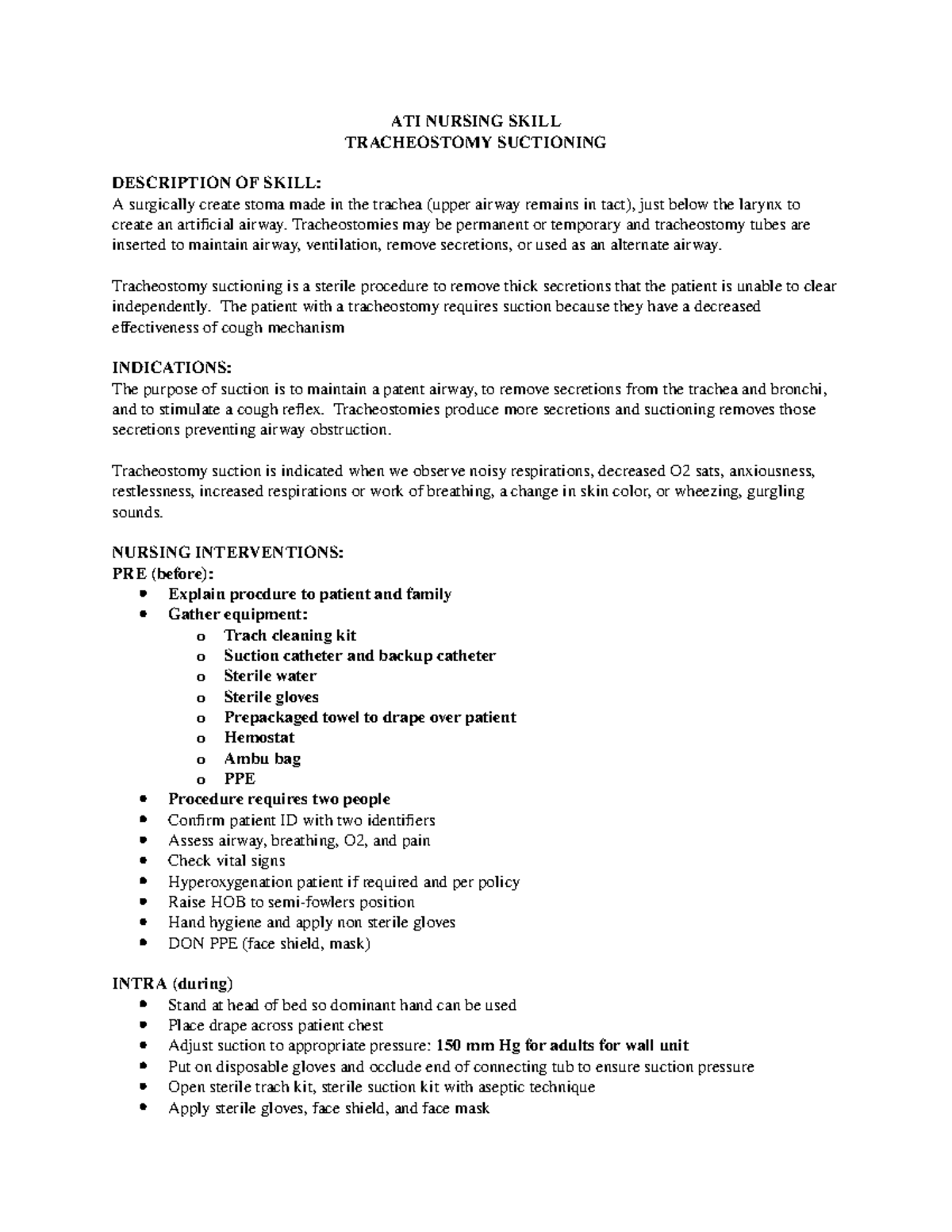 Trach Suctioning ATI Nursing Skill ATINURSI NG SKI LL