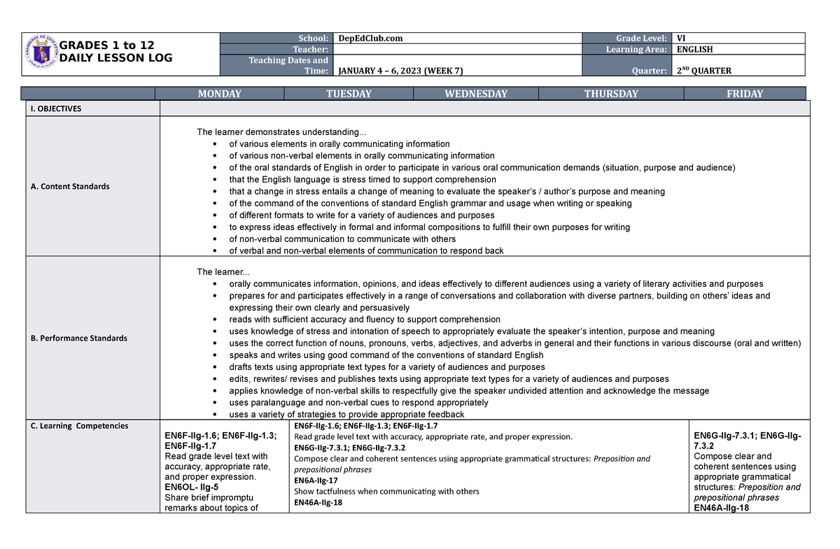 DLL English 6 Q2 W7 - Daily Lesson Log - GRADES 1 To 12 DAILY LESSON ...