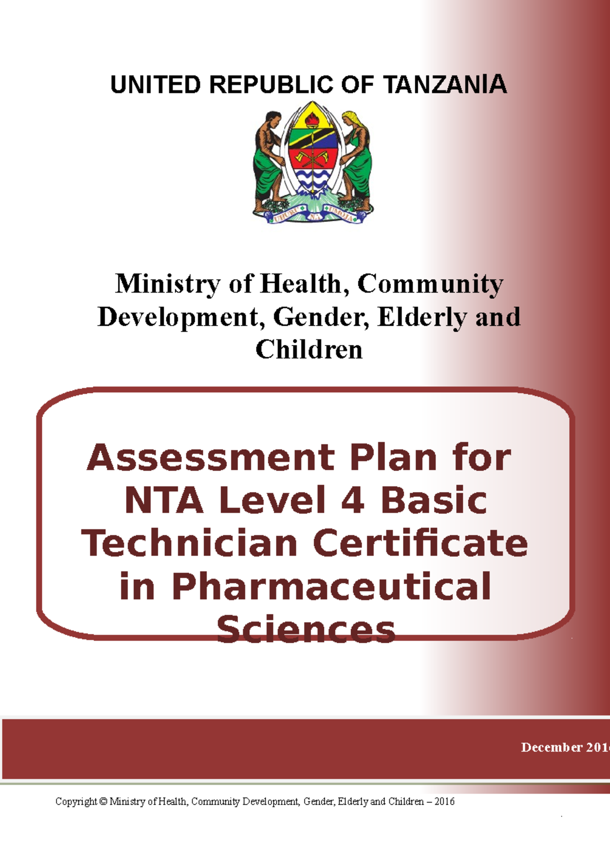 Pst Assessment Plan Nta Level 4 January 2020 United Republic Of