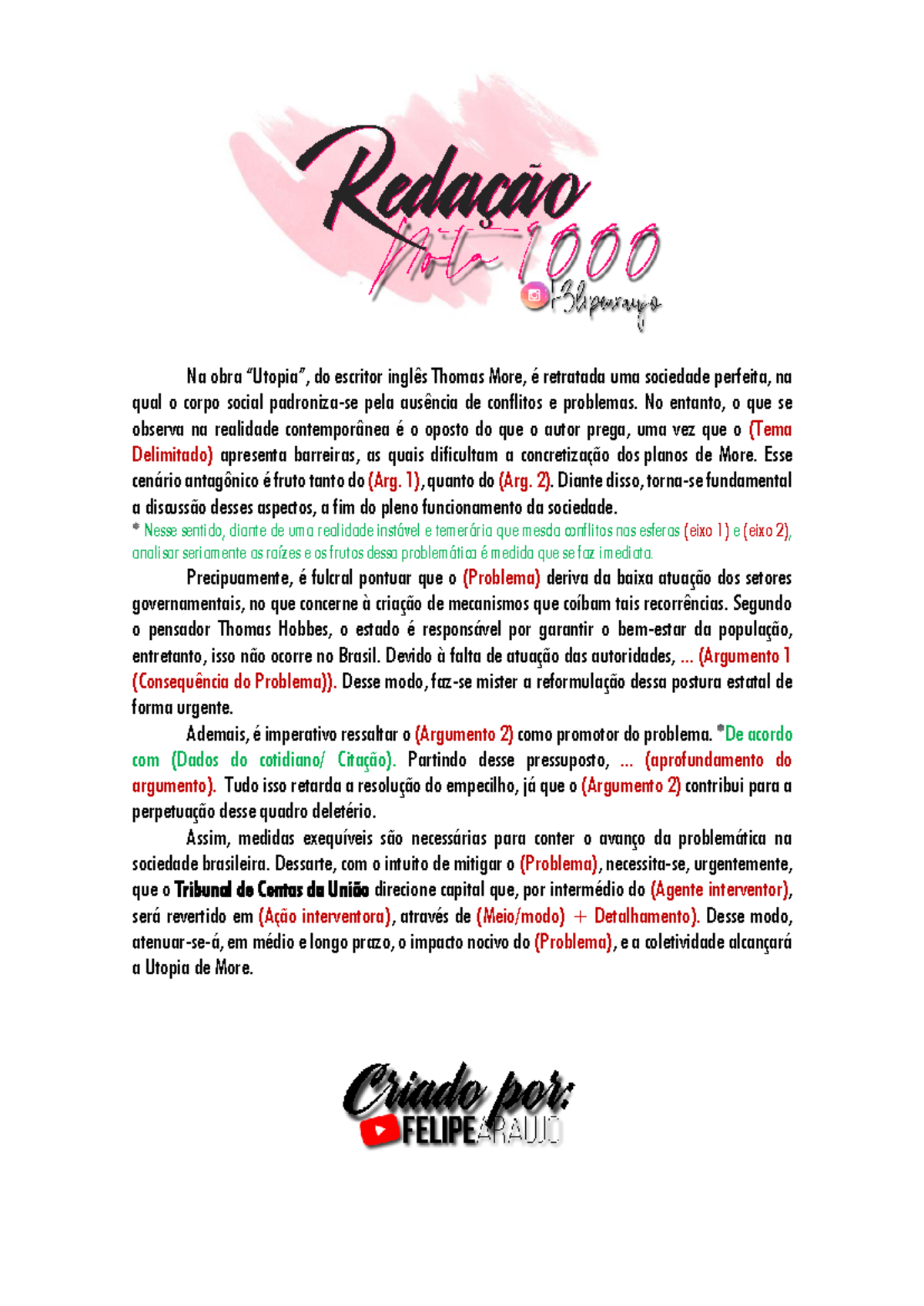 Modelo de redação 7 - Na obra “Utopia”, do escritor inglês Thomas More ...