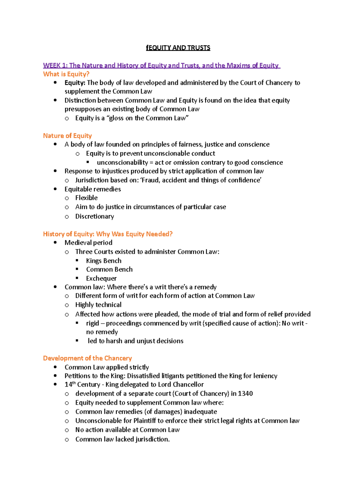 Equity AND Trusts - Lecture notes week 1-13 - fEQUITY AND TRUSTS WEEK 1 ...