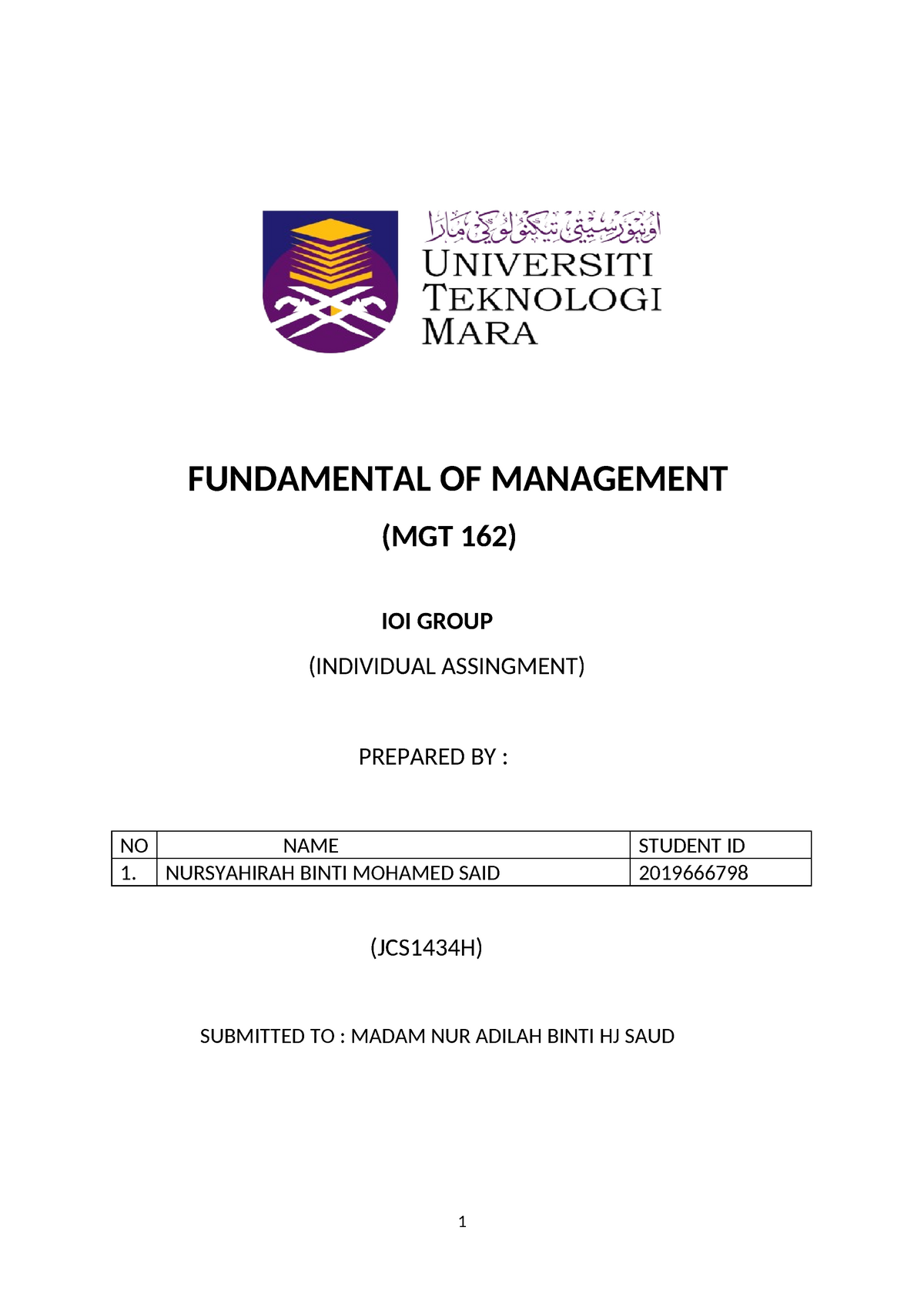 MGT 162 Individual Assingment - IOI Group - FUNDAMENTAL OF MANAGEMENT ...