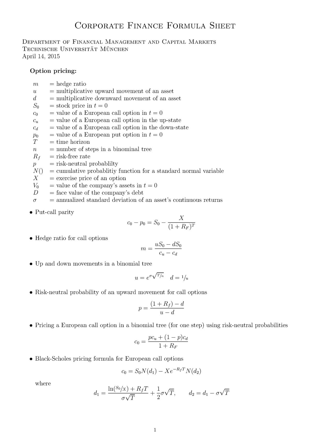 Corporate Finance Formula Sheet Corporate Finance Formula Sheet Department Of Financial 7044